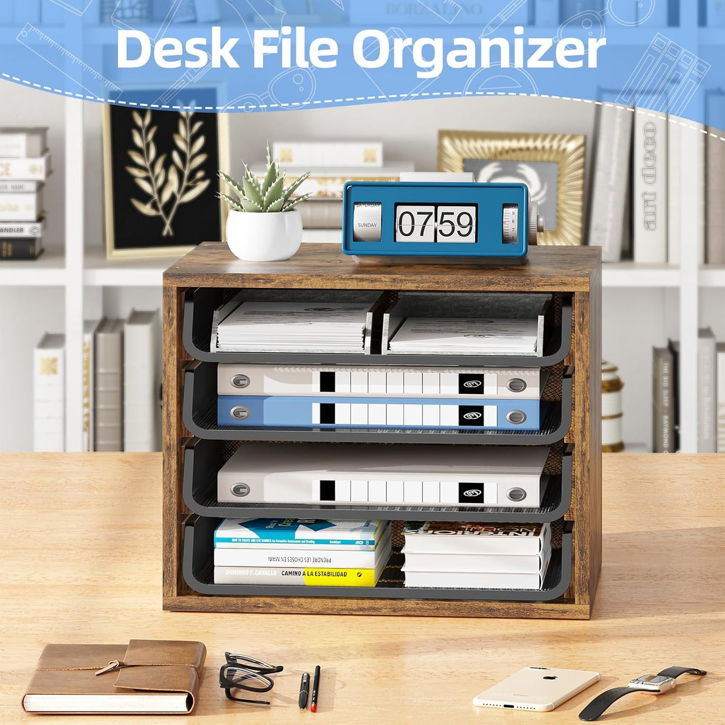 Simple Trending 4-Tier Desk File Organizer, Paper Organizer, Rustic Brown | Adjustable Letter Trays, Wood Desktop File
