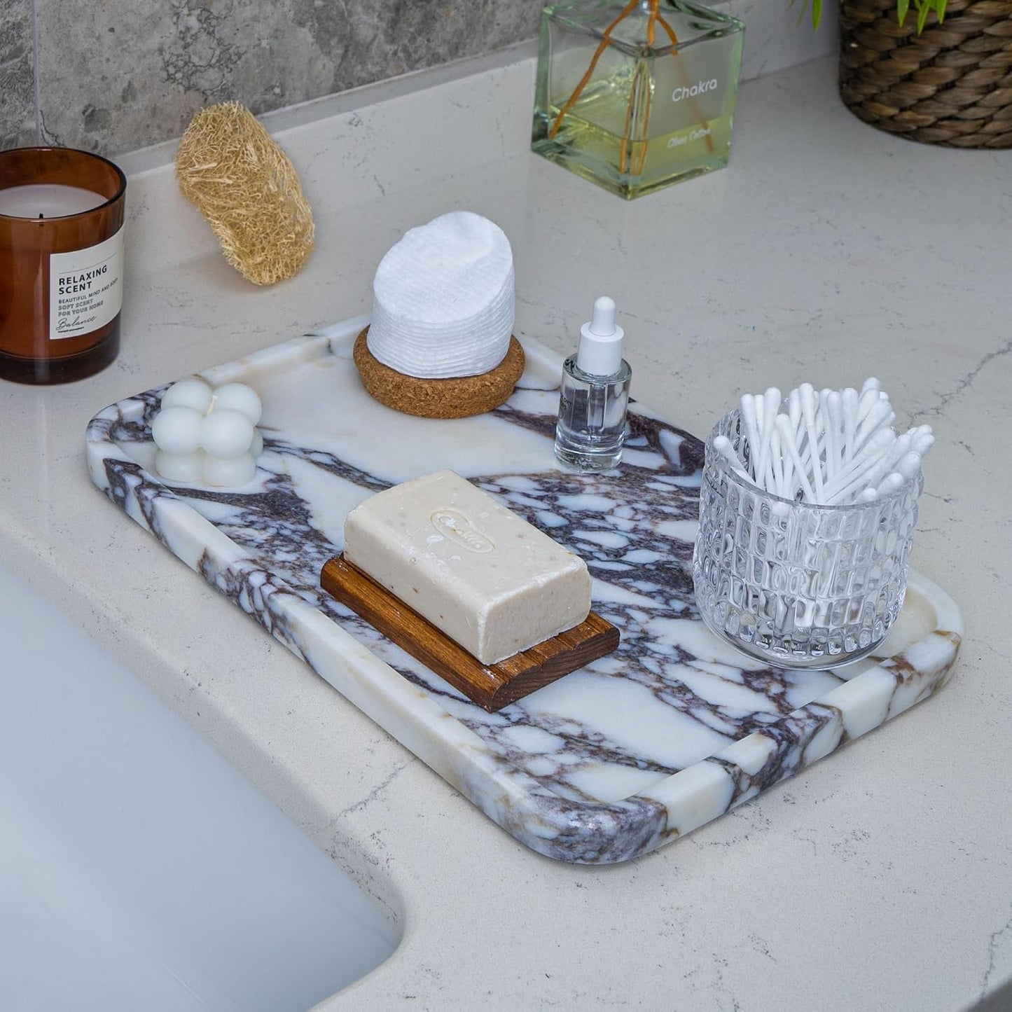 Marble Tray / Elegant Stone Marble Decorative Tray for Vanity / Calacatta Viola / Straight / Natural