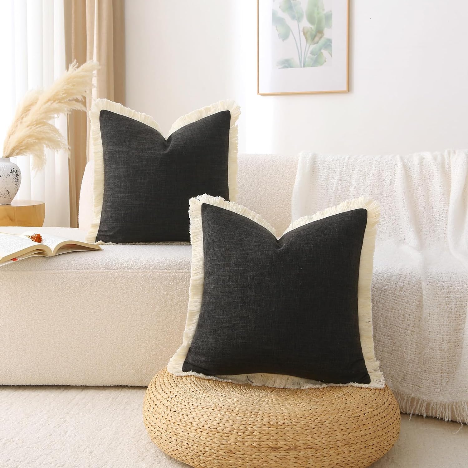 Boho Burlap Decorative Throw Pillow Covers / Black / 18 x 18 / Set of 2