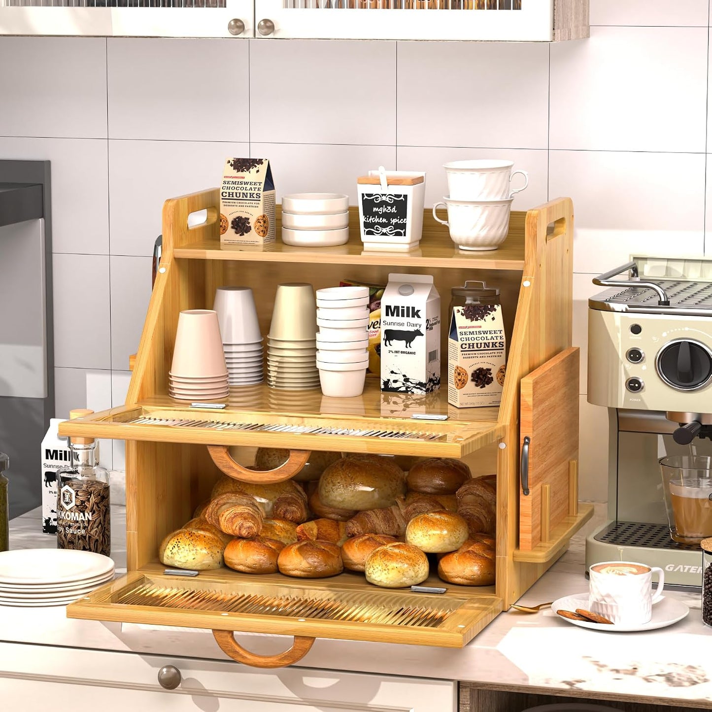 Bread Box for Kitchen Countertop, Large Bread Storage Container for Homemade Bread, Wooden Farmhouse Breadbox