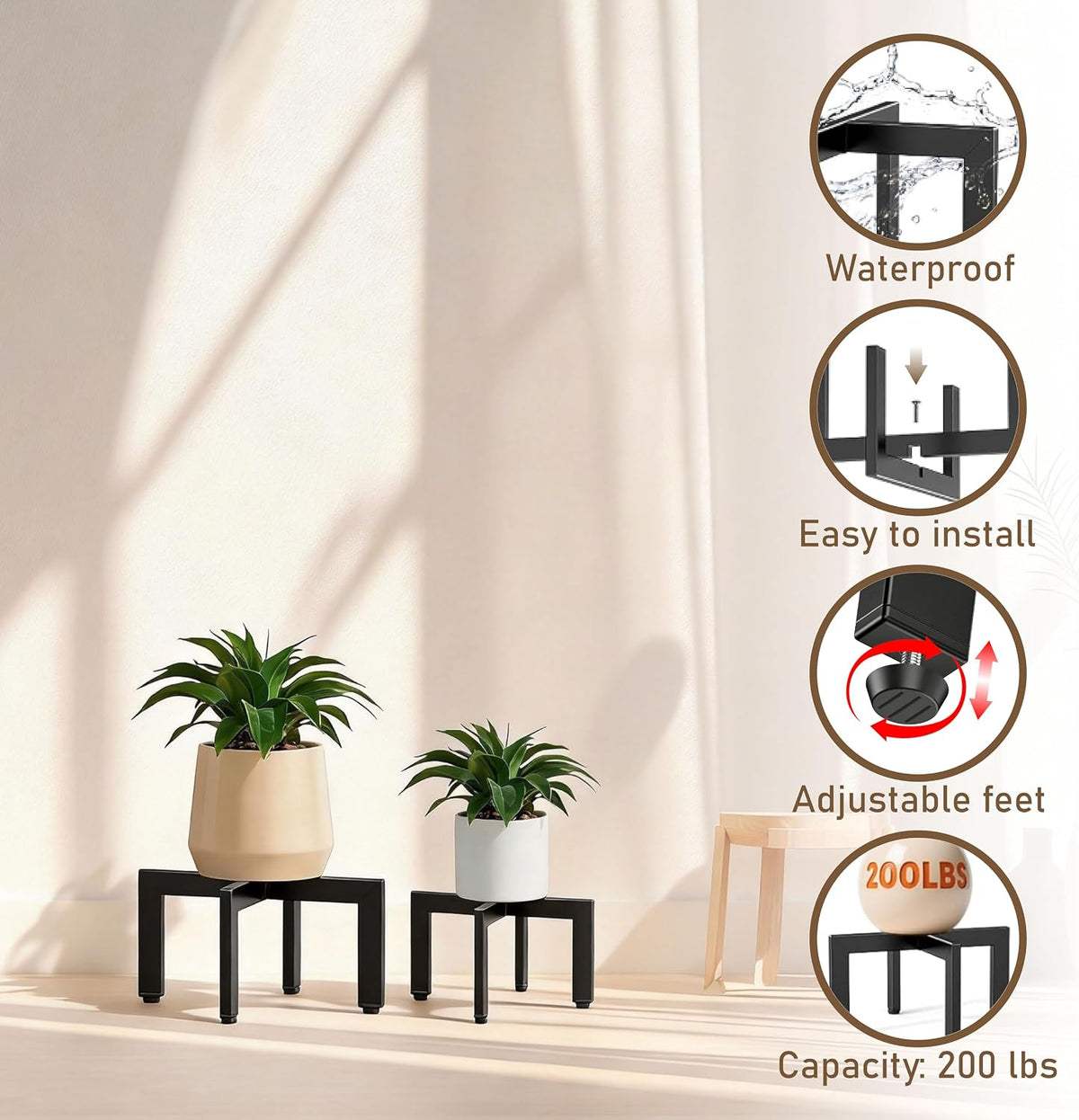 4-Pack Plant Stand Indoor Outdoor with Adjustable Feet, Black | Heavy Duty Metal Construction, Fits 5-13 Inch Pots