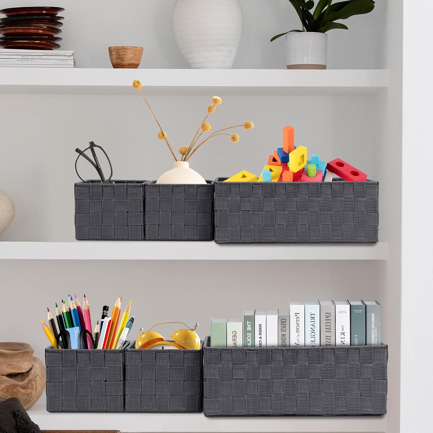 Woven Storage Baskets for Organizing / Dark Grey / Set of 6