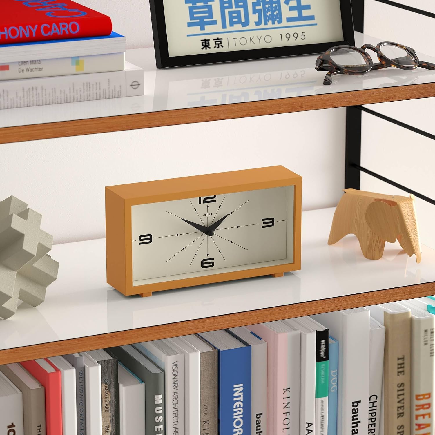JONES CLOCKS® Odeon Desk Clock | Modern Rectangular Design | Mustard Yellow | Stylish Retro Look for Shelf, Table