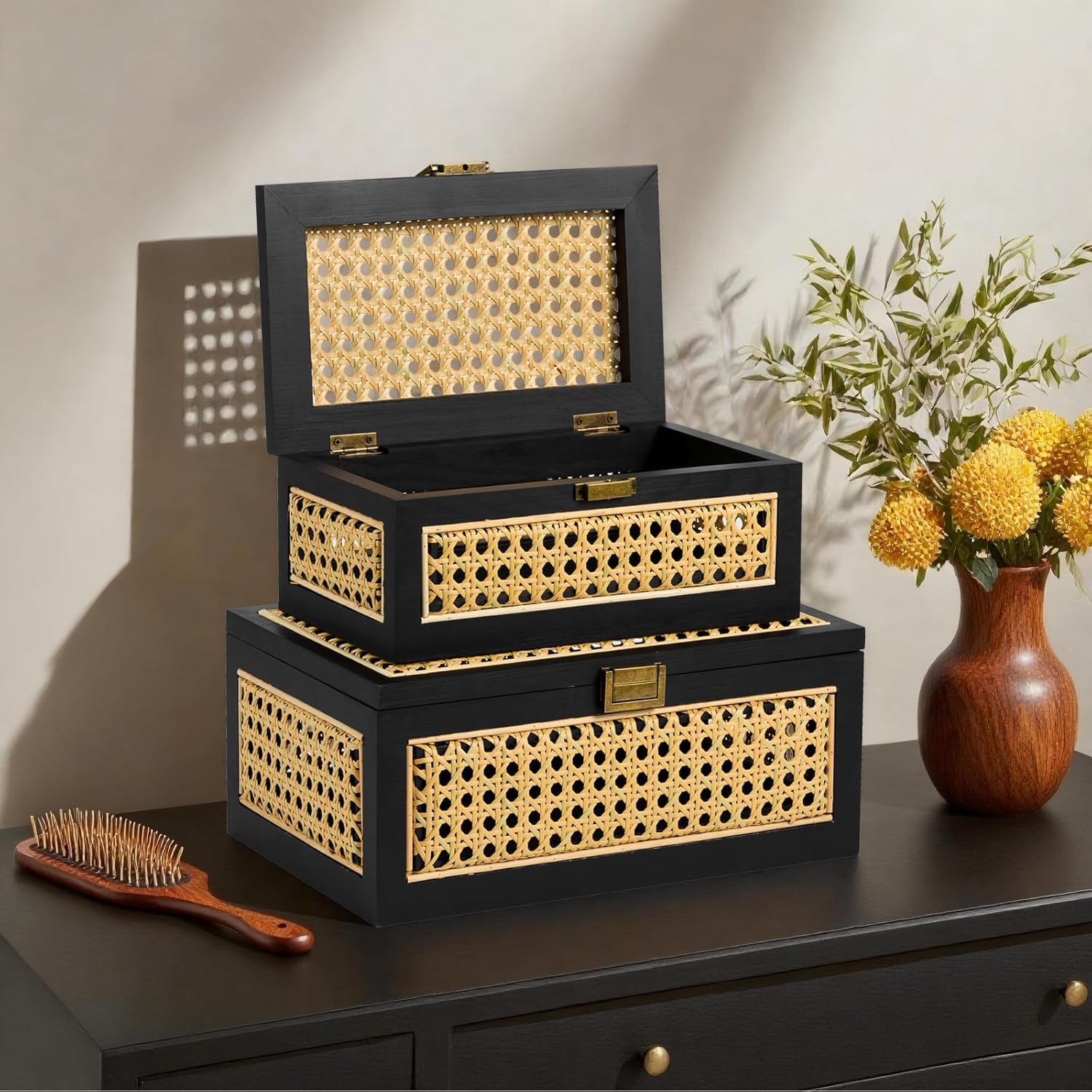 Lid Wooden Frame Boho Rustic Wicker Box Stacking / Large / Black