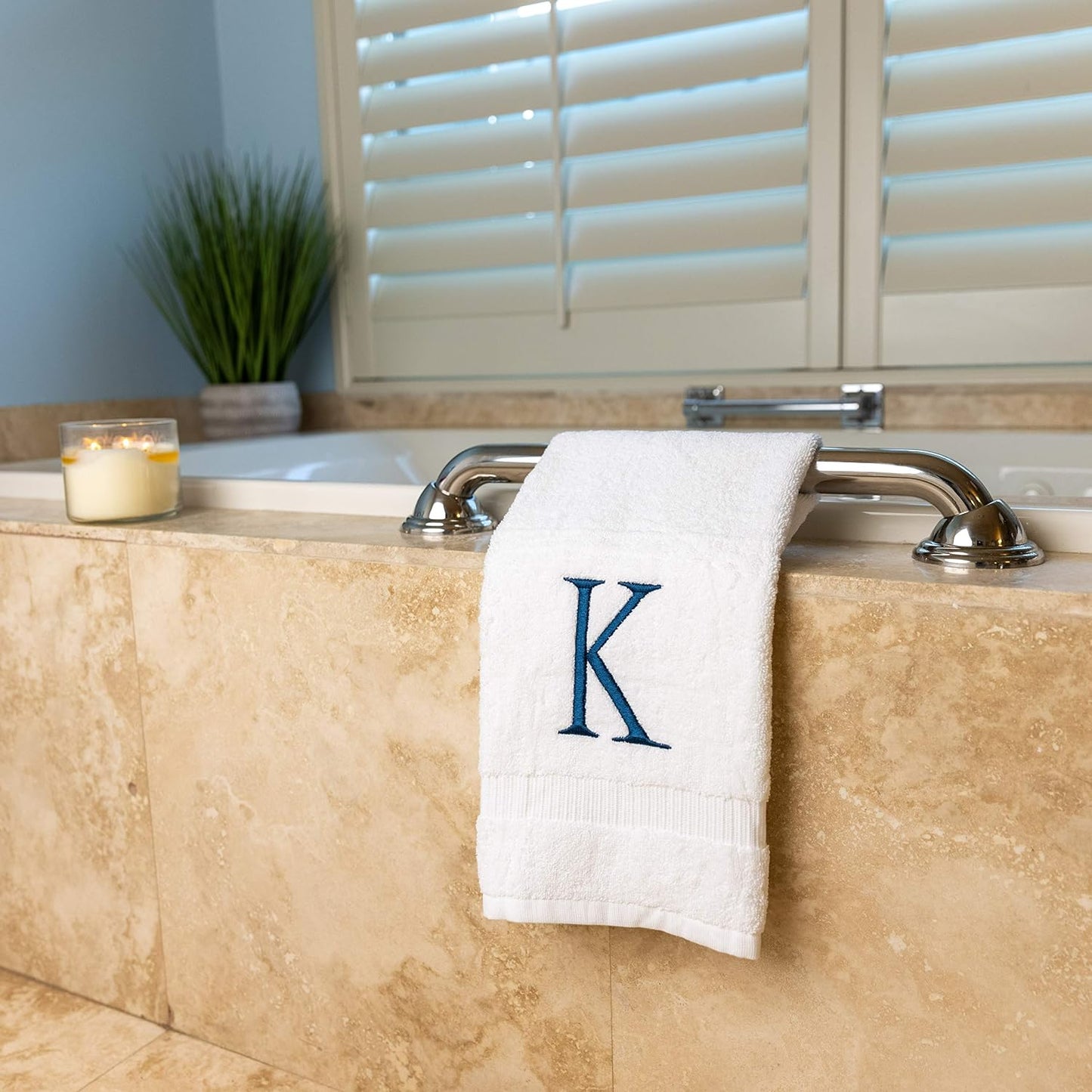 White with Navy Monogrammed Hand Towels for Bathroom - Set of 2 Letter K | Luxury Hotel Quality Initial Towels For