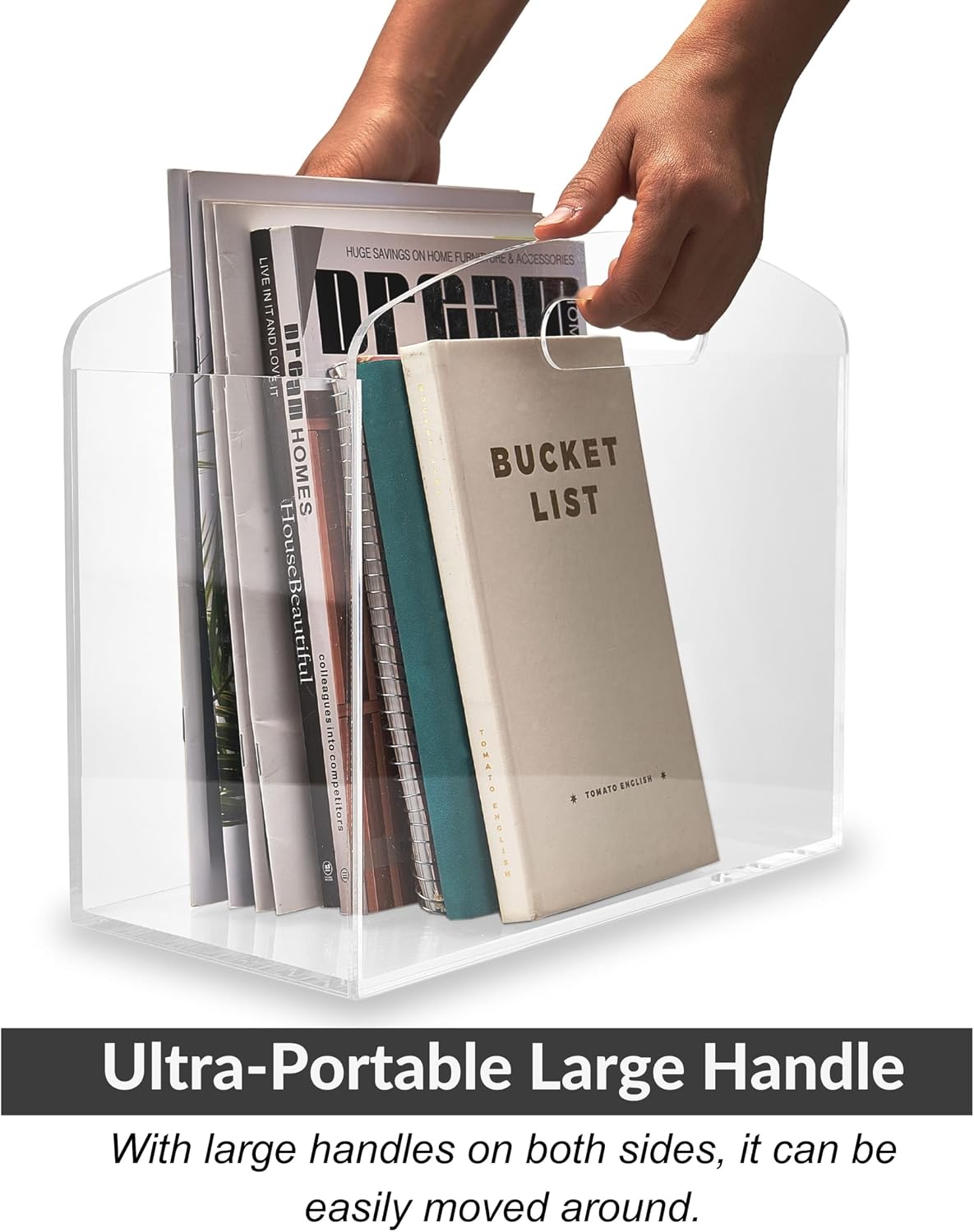 Magazine Rack - Clear Acrylic Magazine Holder, Acrylic Newspaper Stand Organizer with handles, Modern Lucite Magazine