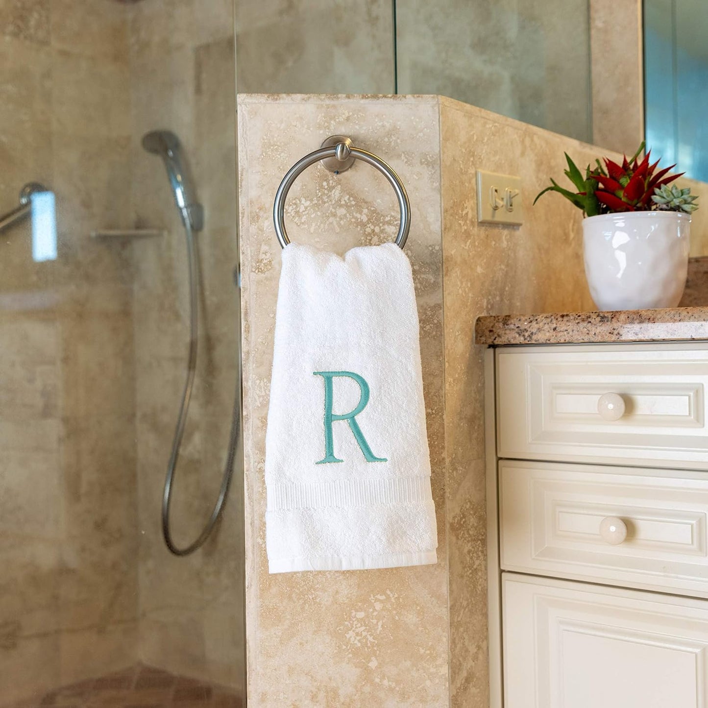 White with Teal Monogrammed Hand Towels for Bathroom - Set of 2 Letter R | Luxury Hotel Quality Initial Towels For