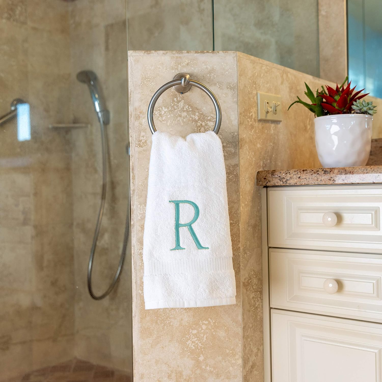 White with Teal Monogrammed Hand Towels for Bathroom - Set of 2 Letter R | Luxury Hotel Quality Initial Towels For