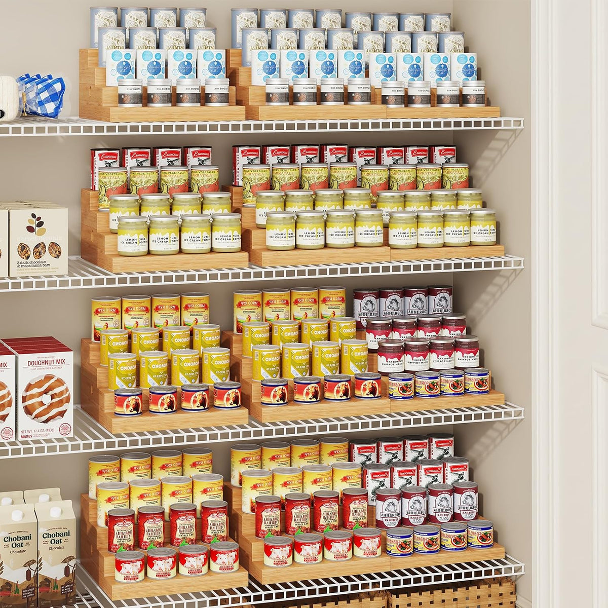 4-Tier Expandable Bamboo Can Storage Rack for Pantry, Holds Up to 32 Cans | Adjustable Can Organizer & Soda Can