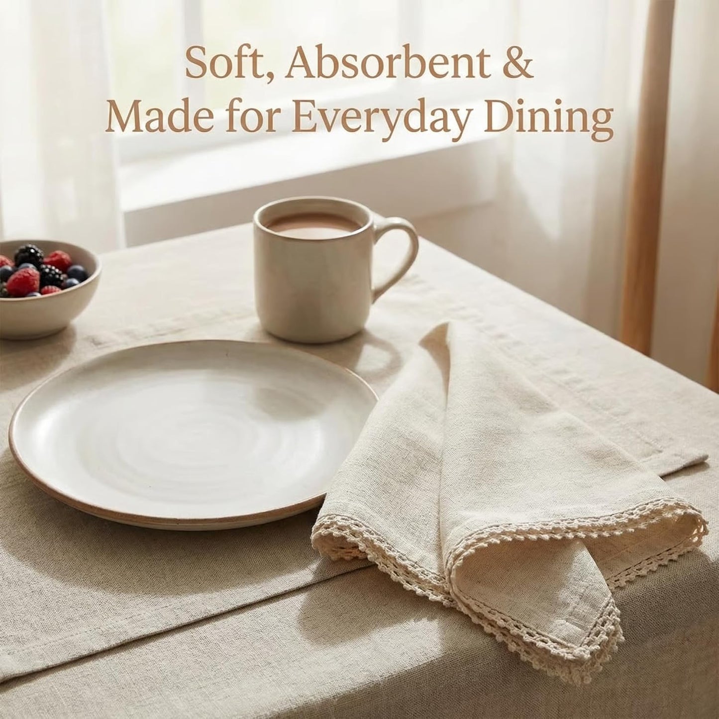 ACCENTHOME Washable Cotton Dinner Lace Napkins Wedding Party Decor | Set of 12 Natural Halloween Thanksgiving Christmas