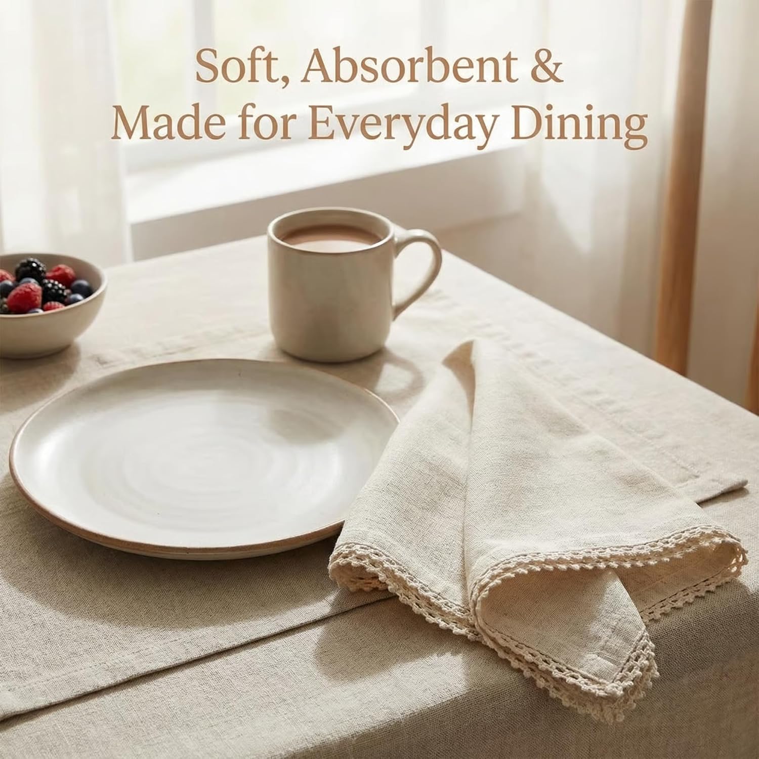 ACCENTHOME Washable Cotton Dinner Lace Napkins Wedding Party Decor | Set of 12 Natural Halloween Thanksgiving Christmas