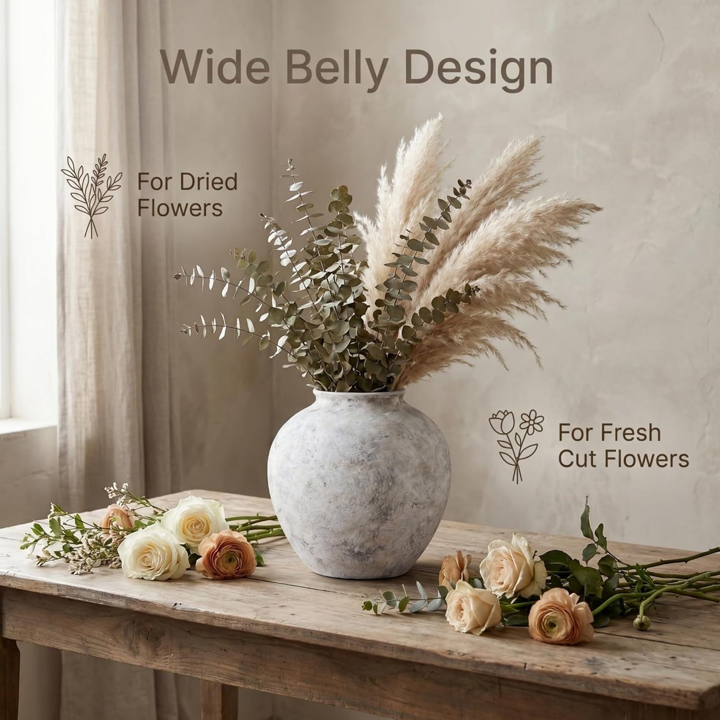 Aged Stone Rustic Ceramic Farmhouse Home Decor Dried Flower Vase / L Off-white / 8.3 Inch