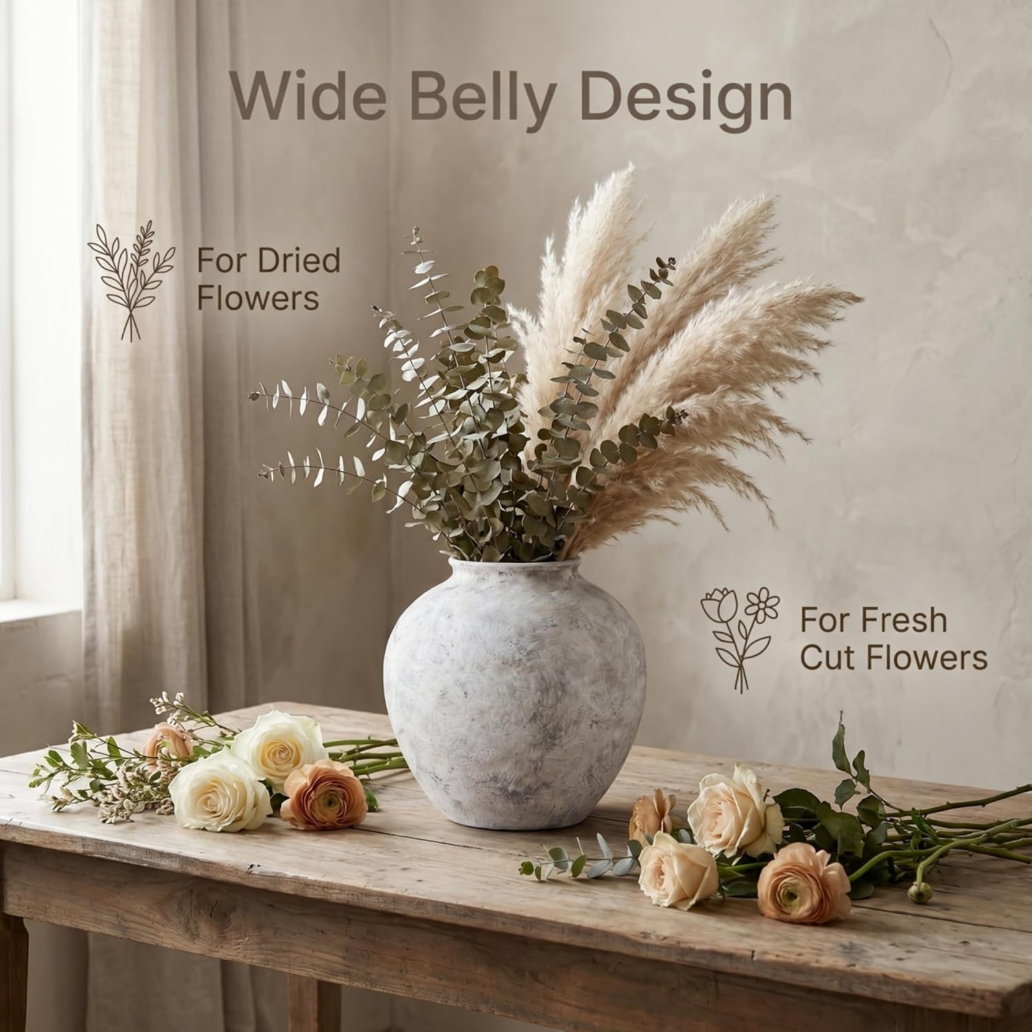 Aged Stone Rustic Ceramic Farmhouse Home Decor Dried Flower Vase / L Off-white / 8.3 Inch