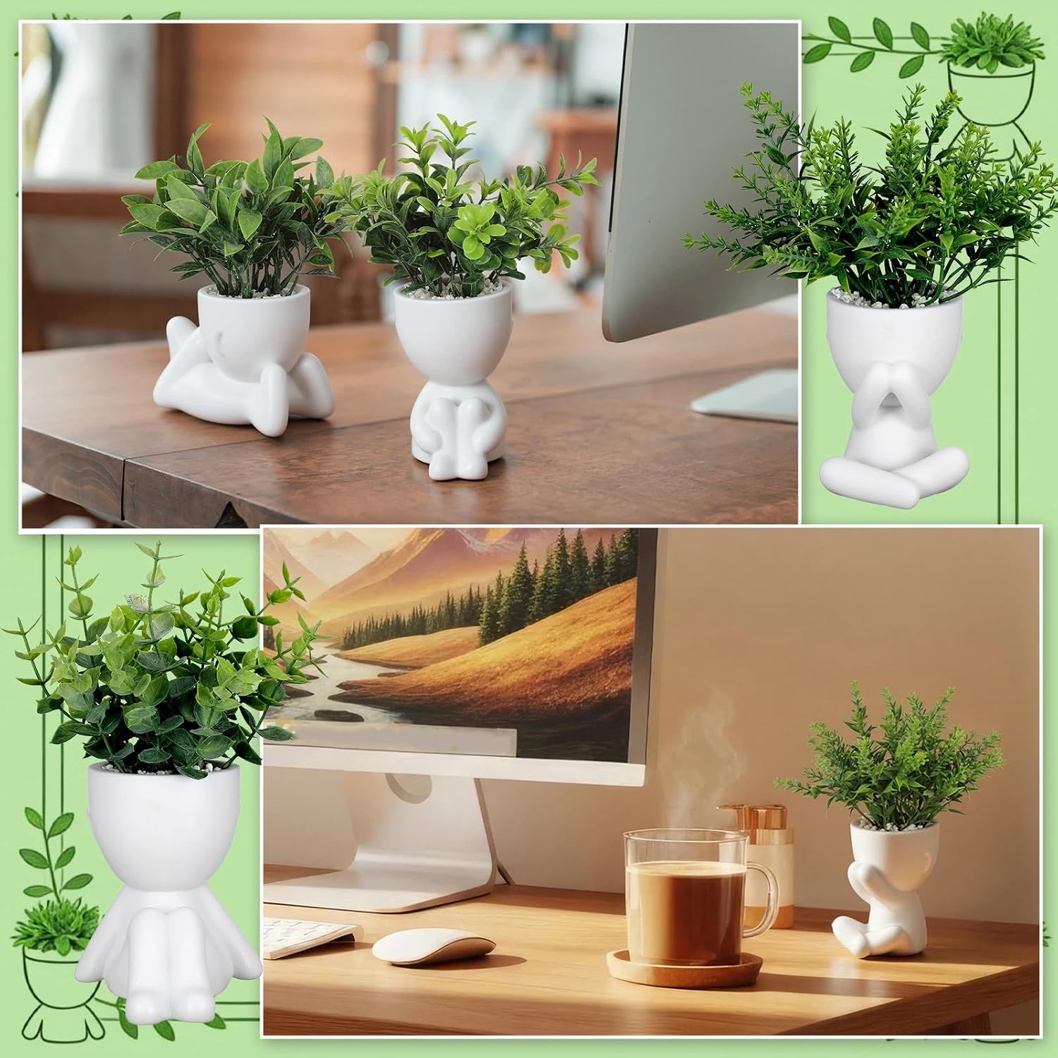 4 Packs Creative Fake Plants in Playful Human Shaped Pots Vase Desk Decor Mini / Greenery / Set of 4