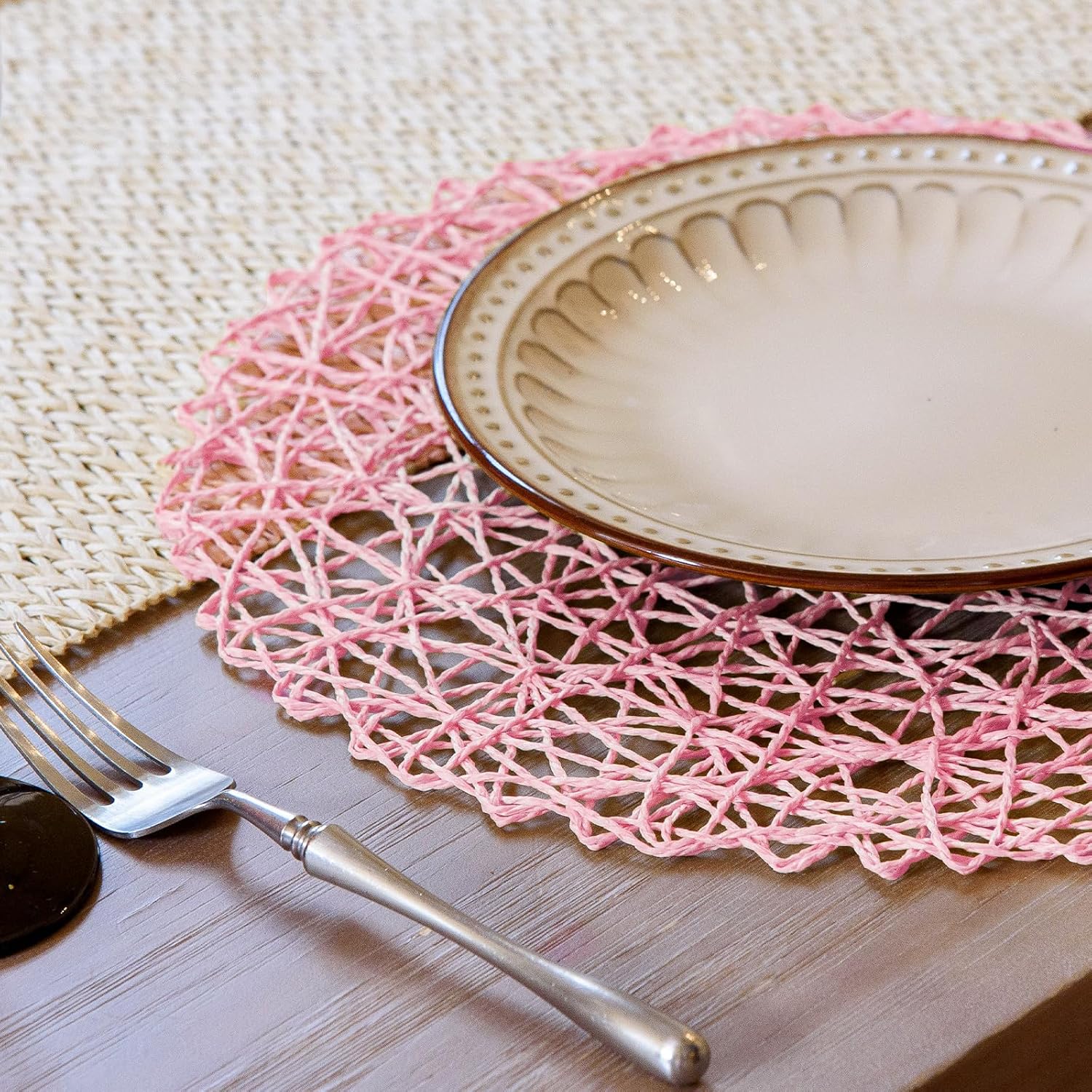 AHHFSMEI Paper Braided Round Placemats Set of 12 Natural Non-Slip Heat Resistant Table Mats for Dining Tables Woven