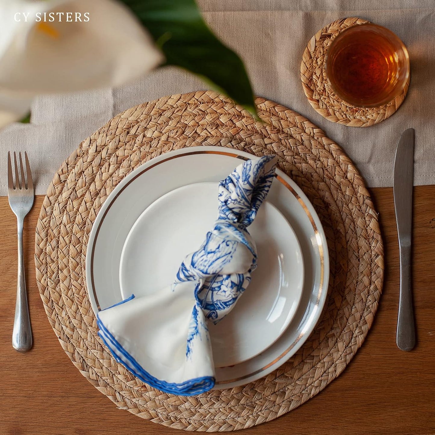 Round Placemats Set of 8 Natural Woven Rattan Placemats, Braided Boho Farmhouse Place Mats Heat Resistant Dining Table