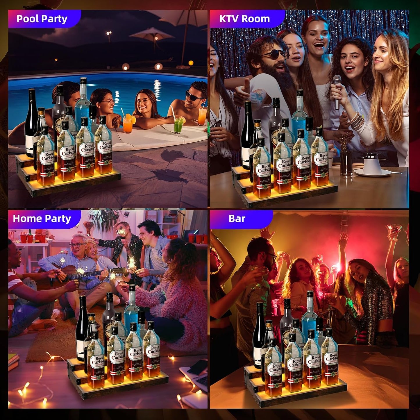 2-Pack 16‘’ LED Lighted Liquor Display, 3-Tier 32Inch Total Bar Shelves for Liquor Bottle, Illuminated Home Bar Shelf