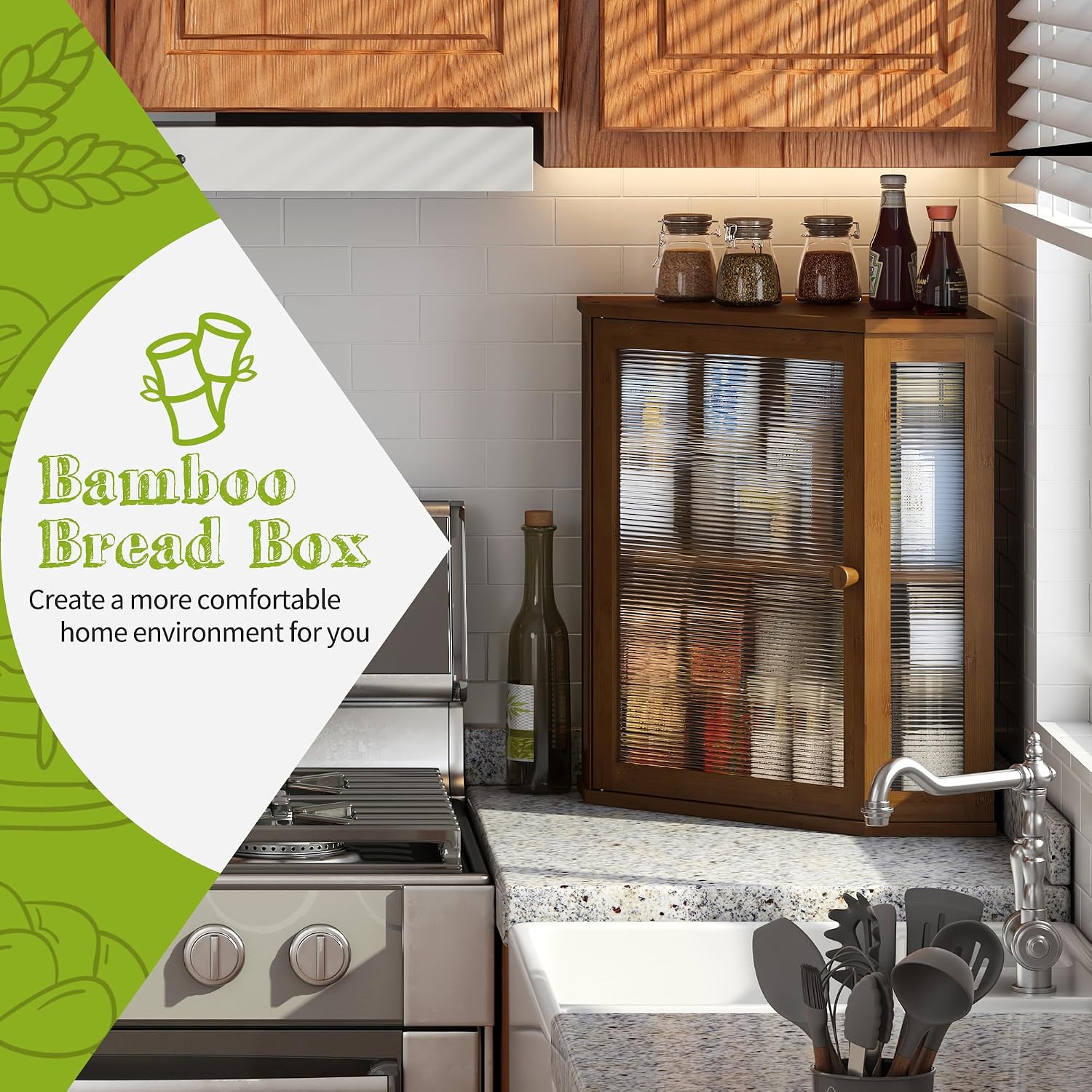 BMOSU Corner Bread Box for Kitchen Countertop Double Layer Bamboo Wooden Bread box Large Capacity Bread Storage