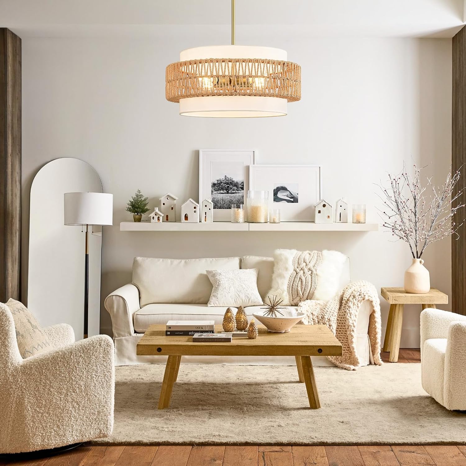 Boho Drum Ceiling Hanging Light / 19.7" V-shaped Weaving