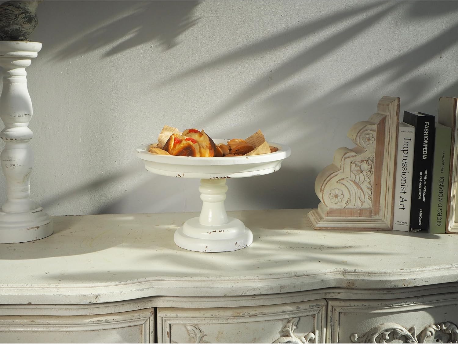 Rustic Wood Pedestal Tray Stand / White / 8.3 x 8.3 x 6.3