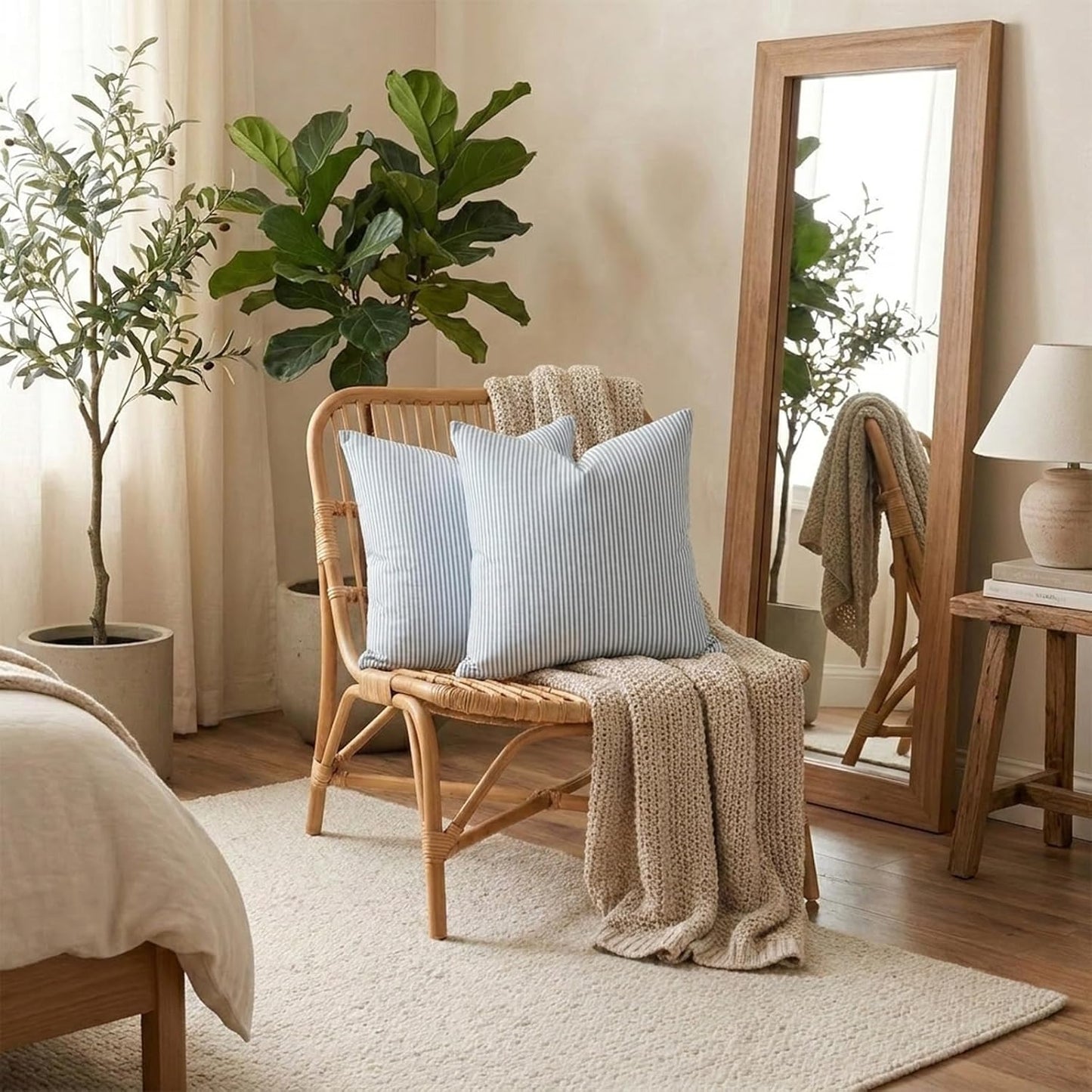 Light Blue Boho Striped Pillow Covers Farmhouse Outdoor / Grey Blue Stripe / 18 x 18 / Set of 2