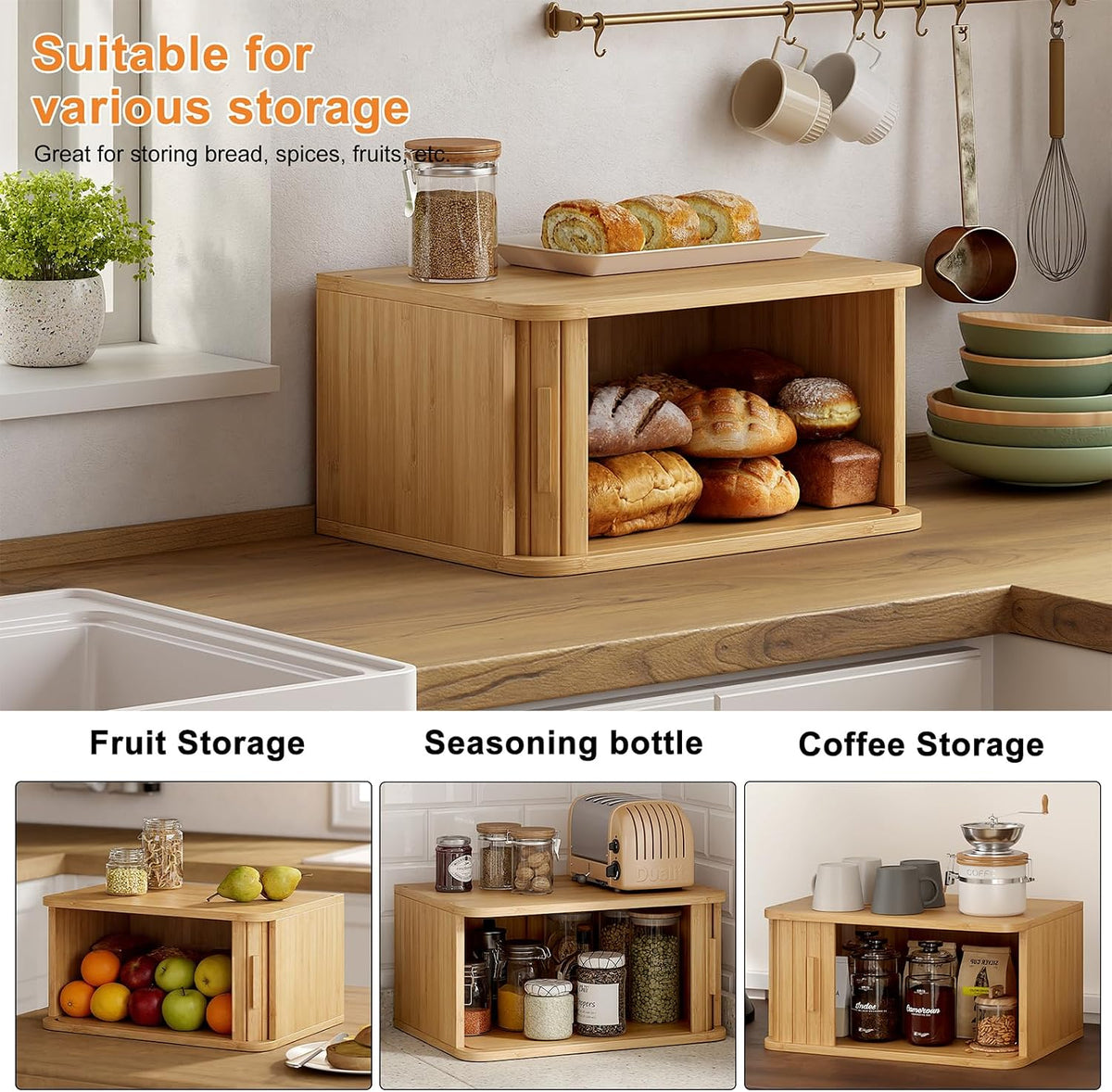 WOWLIVE Roll Top Bread Box for Kitchen Countertop, Bamboo Bread Storage | Airtight Bread Containers, Large Bread Bin