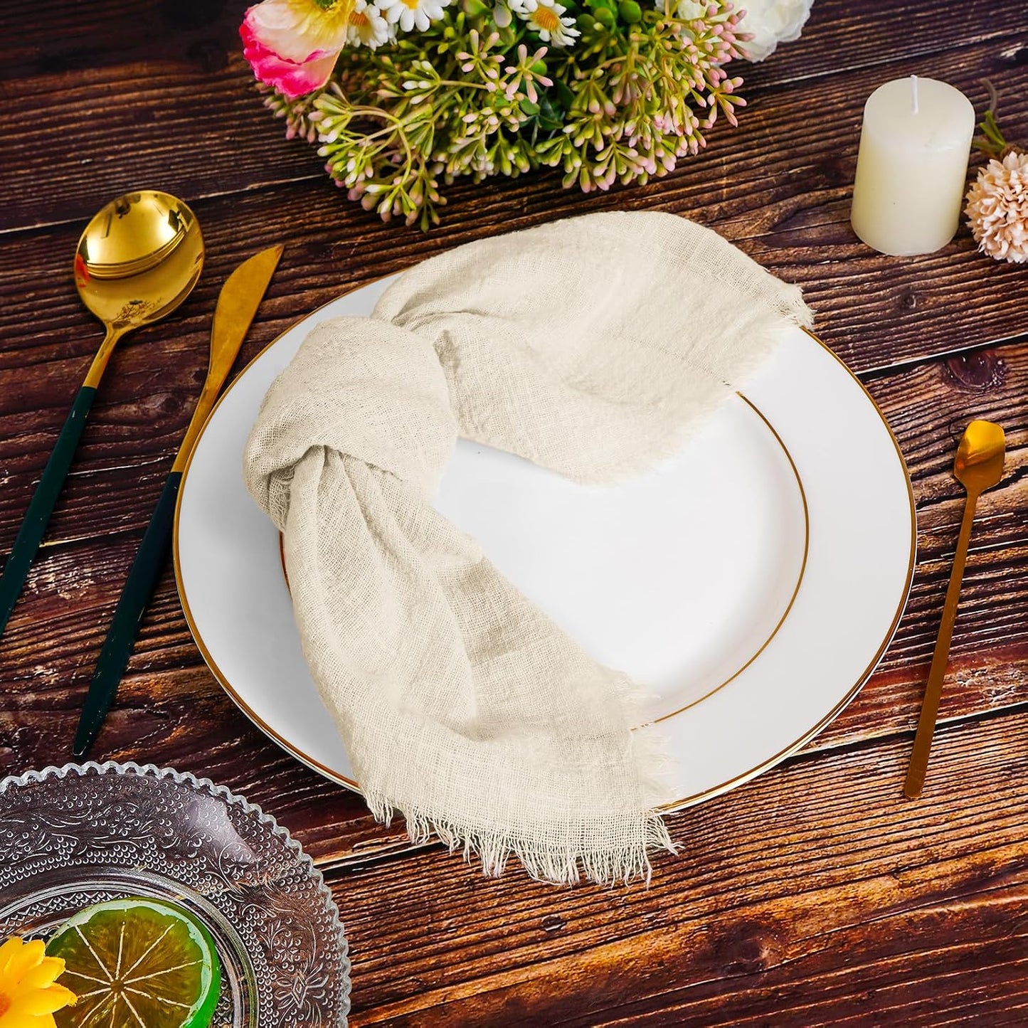 Pesonlook 60 Pcs Natural Cotton Linen Napkins with Fringe, 16x16 Inches | Handmade Cotton Cloth Napkins with