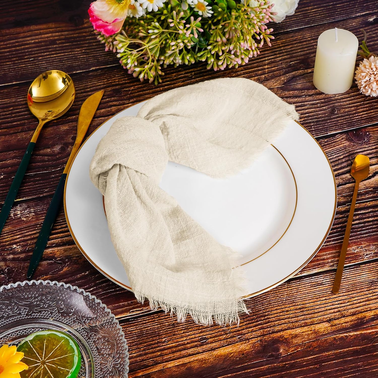Pesonlook 60 Pcs Natural Cotton Linen Napkins with Fringe, 16x16 Inches | Handmade Cotton Cloth Napkins with