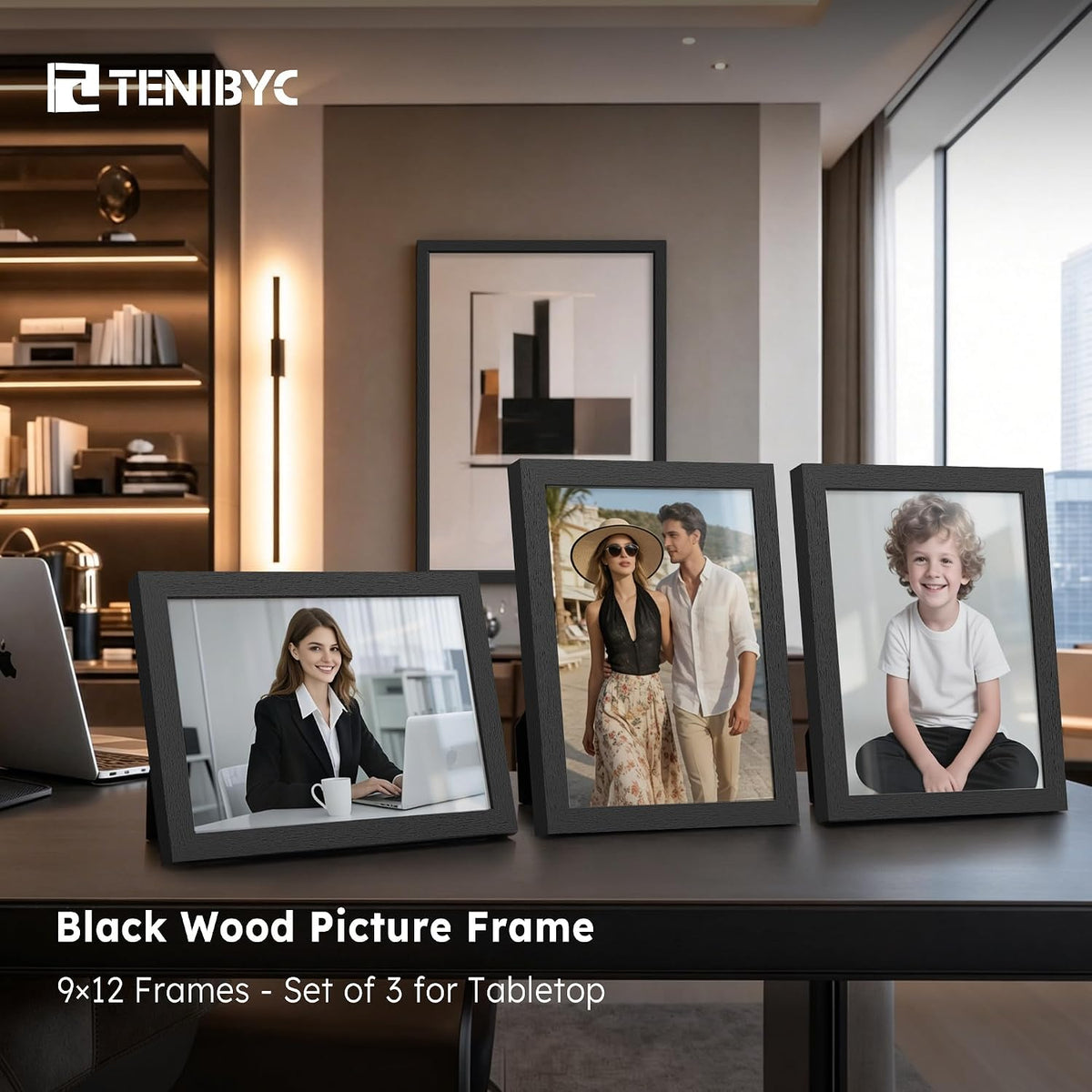 9x12 picture frame 3 Pack, Black Wood, Real Glass, for Photos | Thick HD Tempered Glass, Tabletop or Wall Hanging