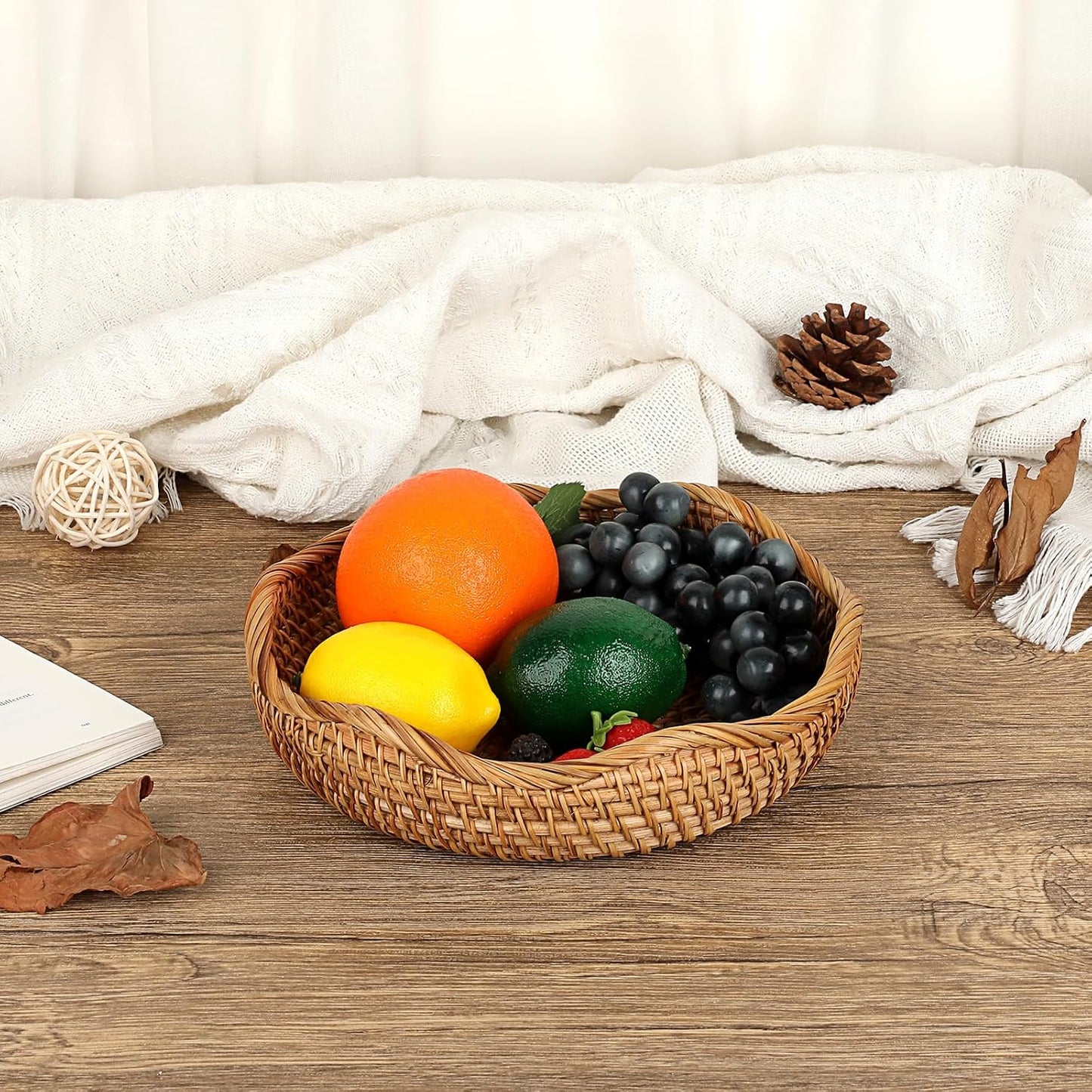 Natural Rattan Tray " Wicker Storage Bowls Hand Woven Basket Tray / 8.5 Inch / Natural Color