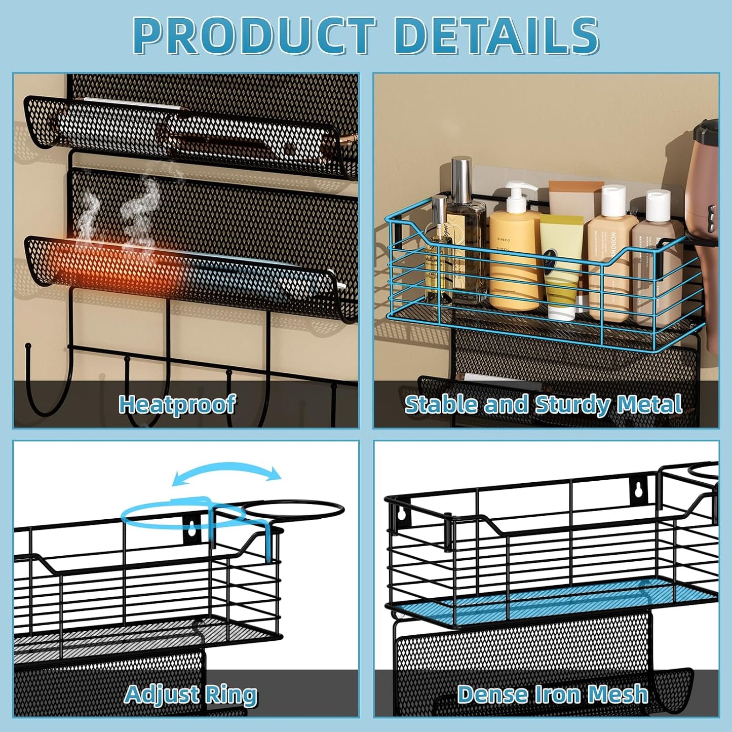 4 Tier Hair Tool Organizer Wall Mount, curling iron holder Basket, Black | Metal Mesh, Hair Dryer Holder, Bathroom Hair