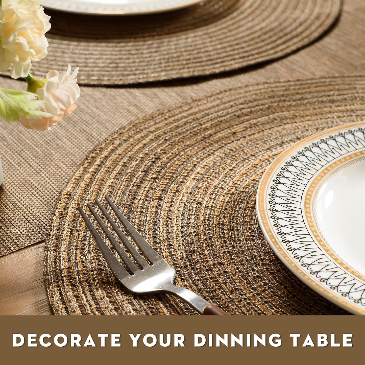 FunWheat Round Braided Placemats Set of 8 Place mats for Dining Tables Woven Heat Resistant Table Mats 15 inch for Fall