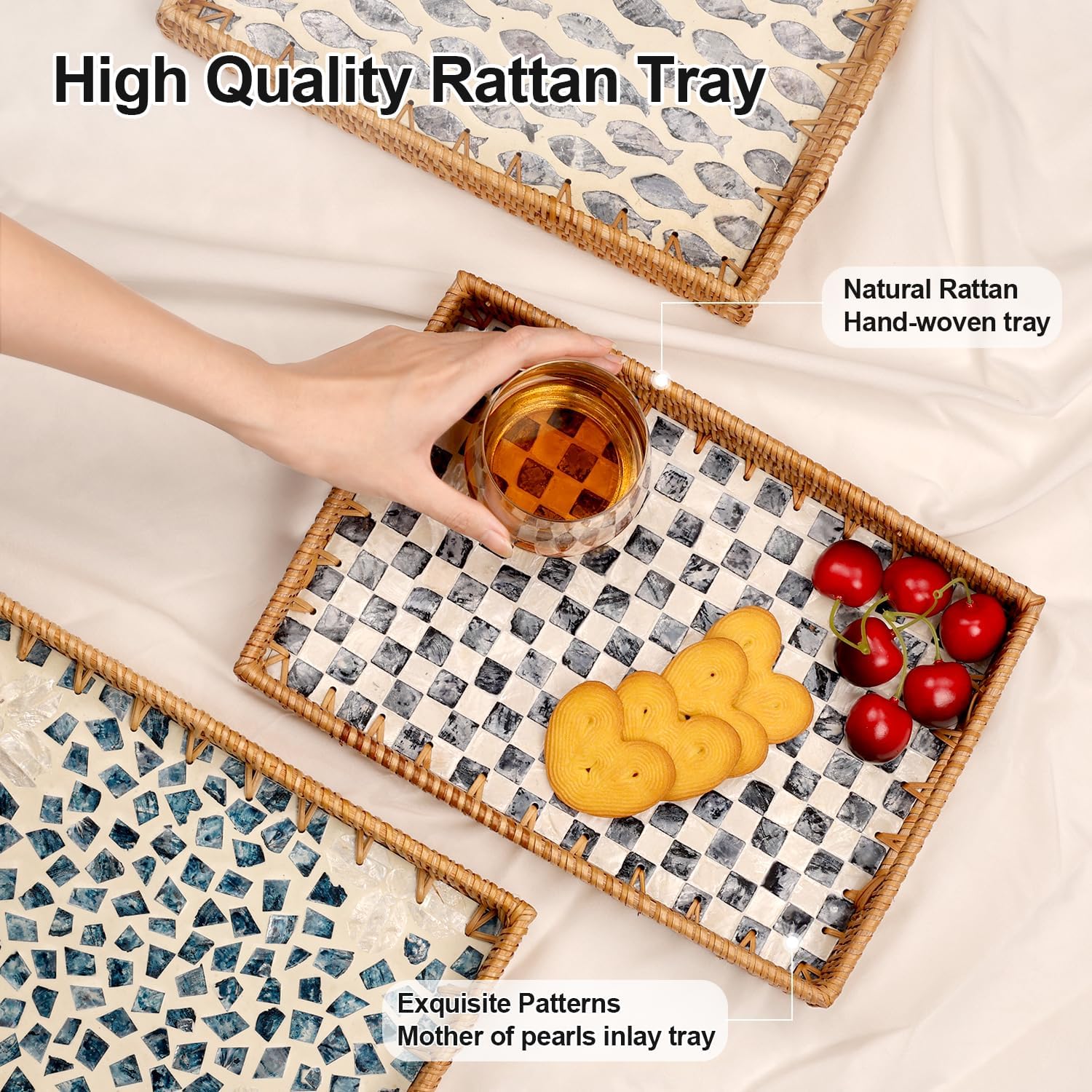 Rattan Serving Tray / Black Checkerboard