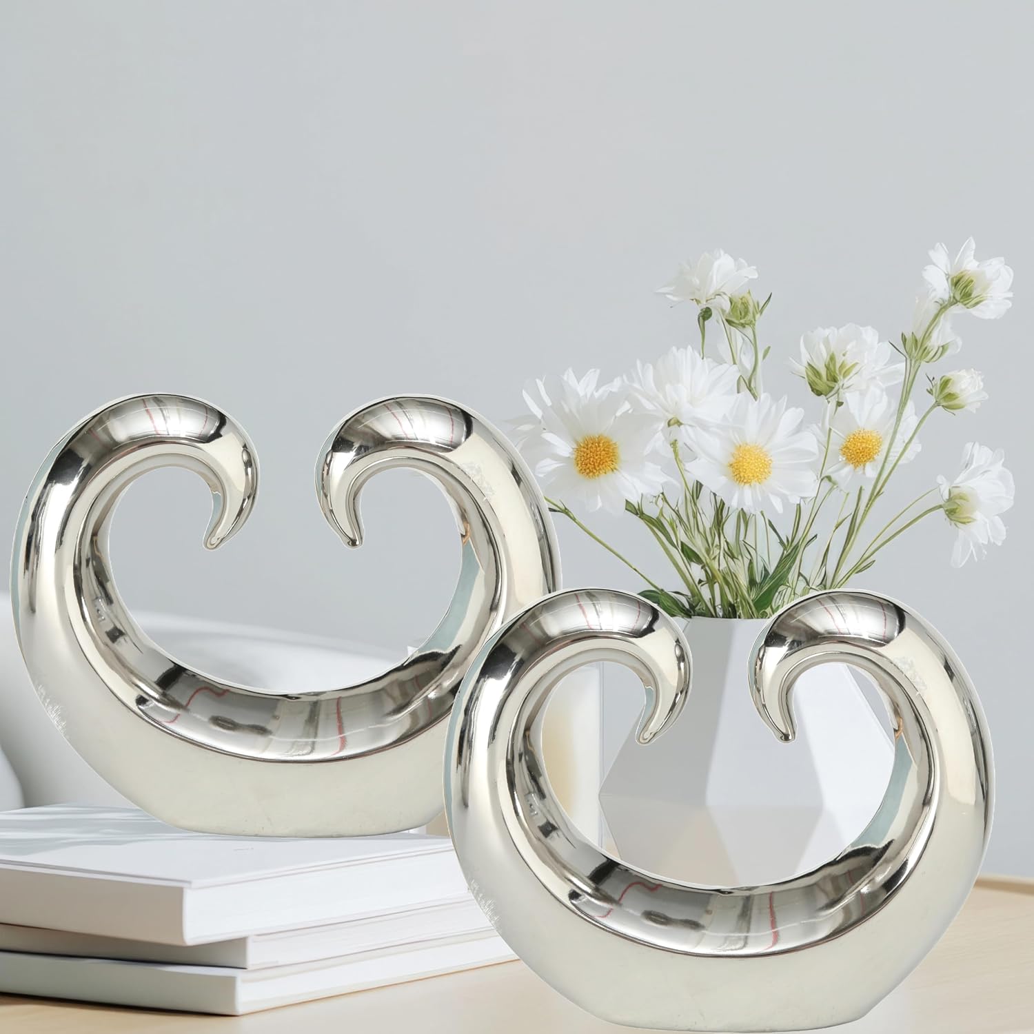 Titanium Glazed Ceramic / Curled Wave / Silver / Set of 2