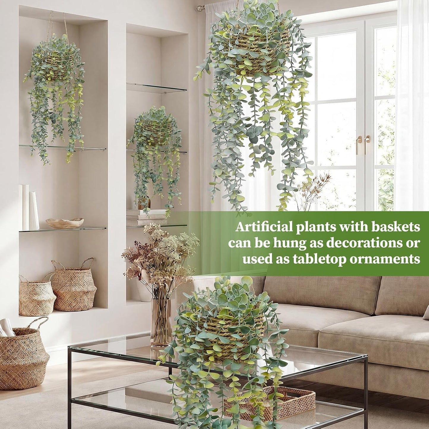 Woven Baskets / Artificial Hanging Eucalyptus Plants / Set of 3