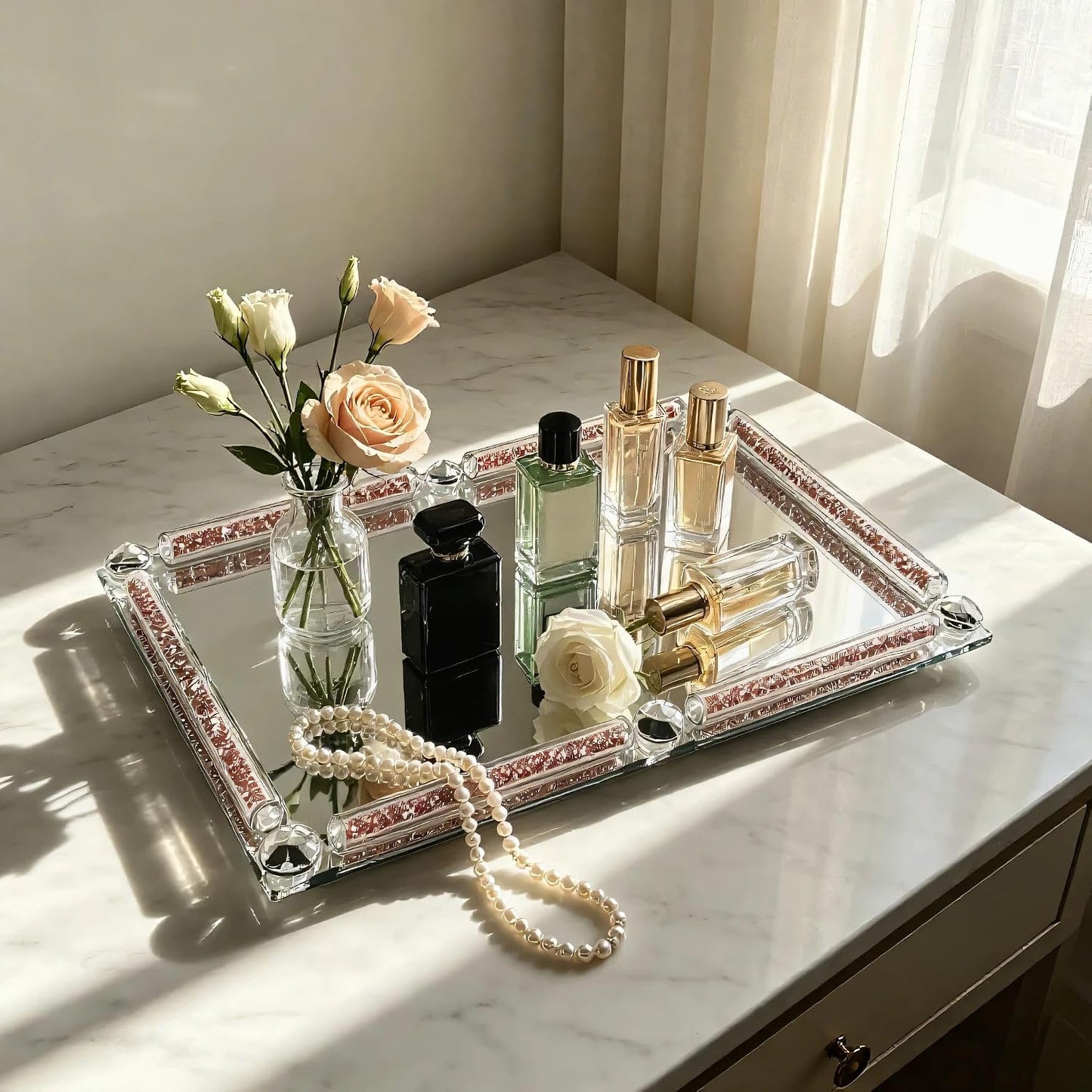 Mirror Glass Vanity Tray for Dresser / Rose / 11.8 x 7.9