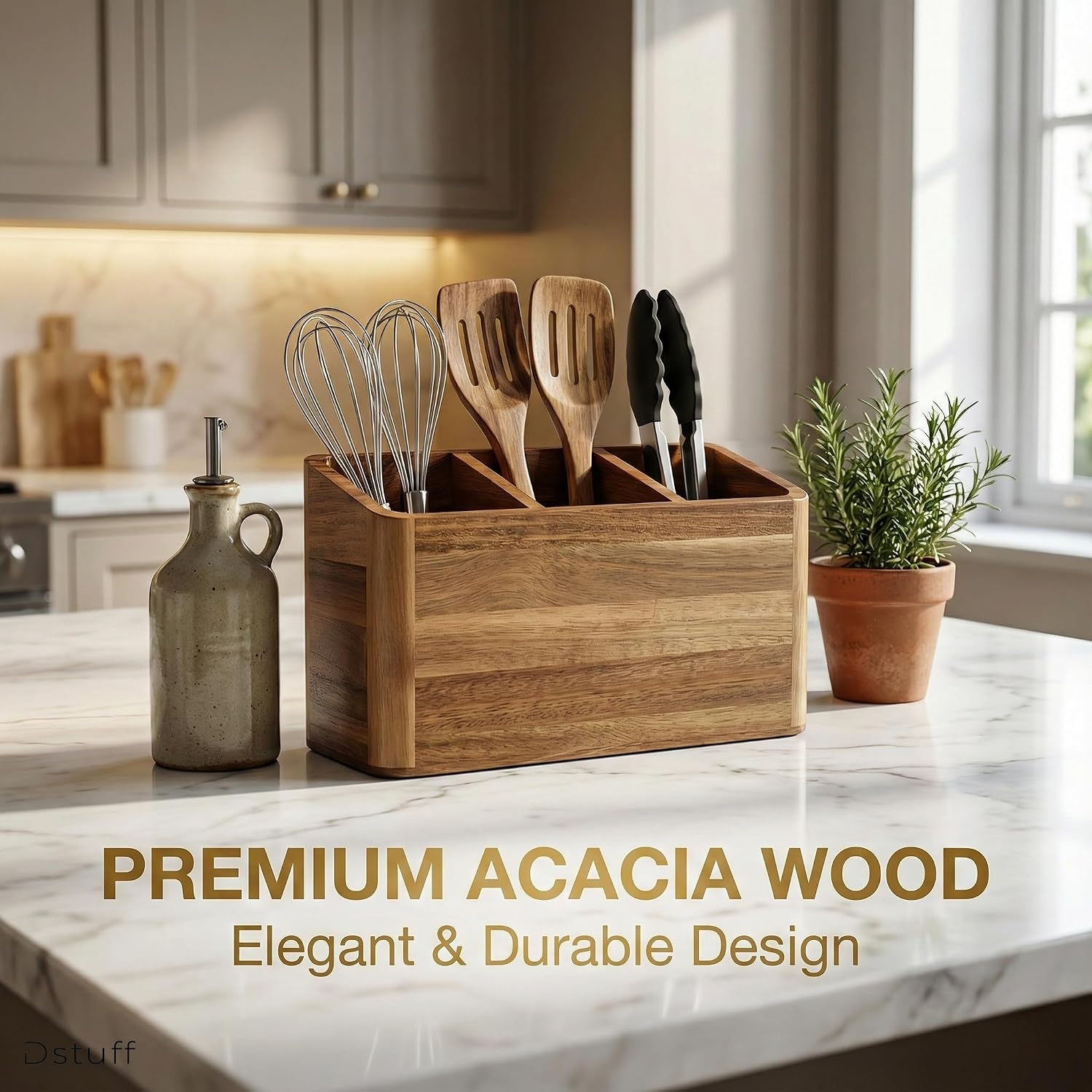 Dstuff Wood Utensil Holder for Kitchen Counter - Large Kitchen Utensil Holder for Countertop - Acacia Wooden Utensil