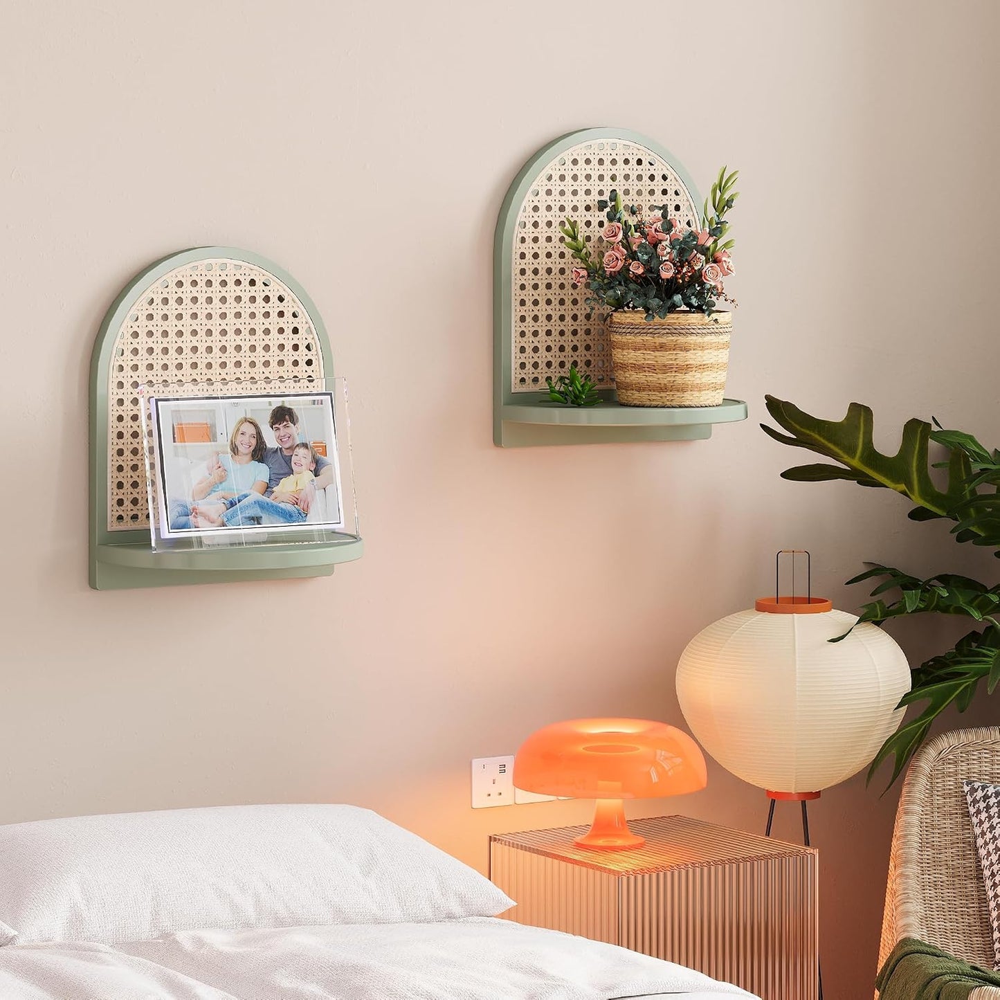 Boho Wall Decor Small Floating Shelf for Plant Figurines / Green / 9.25*5.41*11.61 Inch / Set of 2