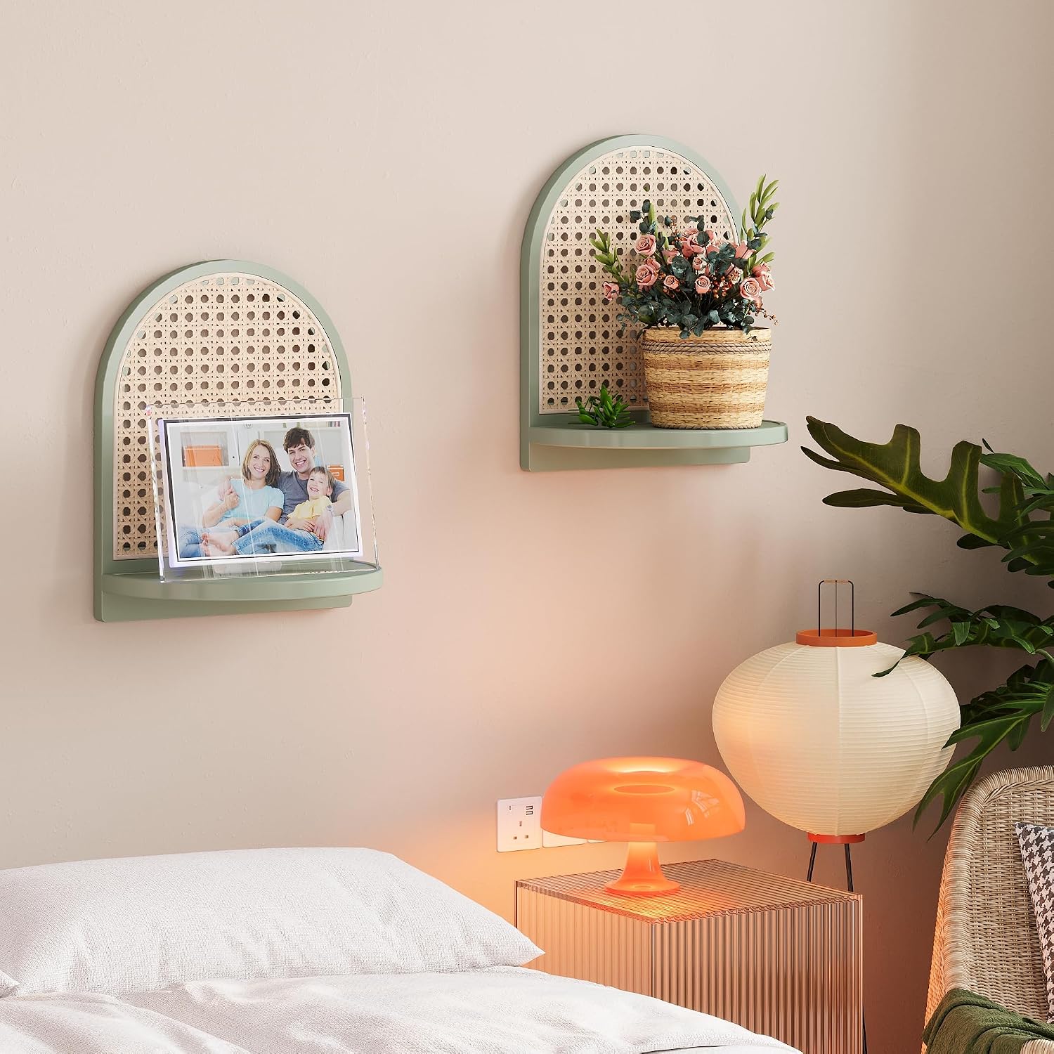 Boho Wall Decor Small Floating Shelf for Plant Figurines / Green / 9.25*5.41*11.61 Inch / Set of 2