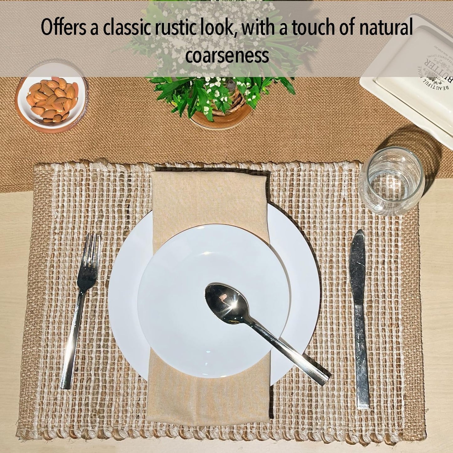 Natural Jute and Ivory Placemats, Set of 4 – Rustic Handmade Boho Table Mats, 13x19 Inch Dining Table Placemats for