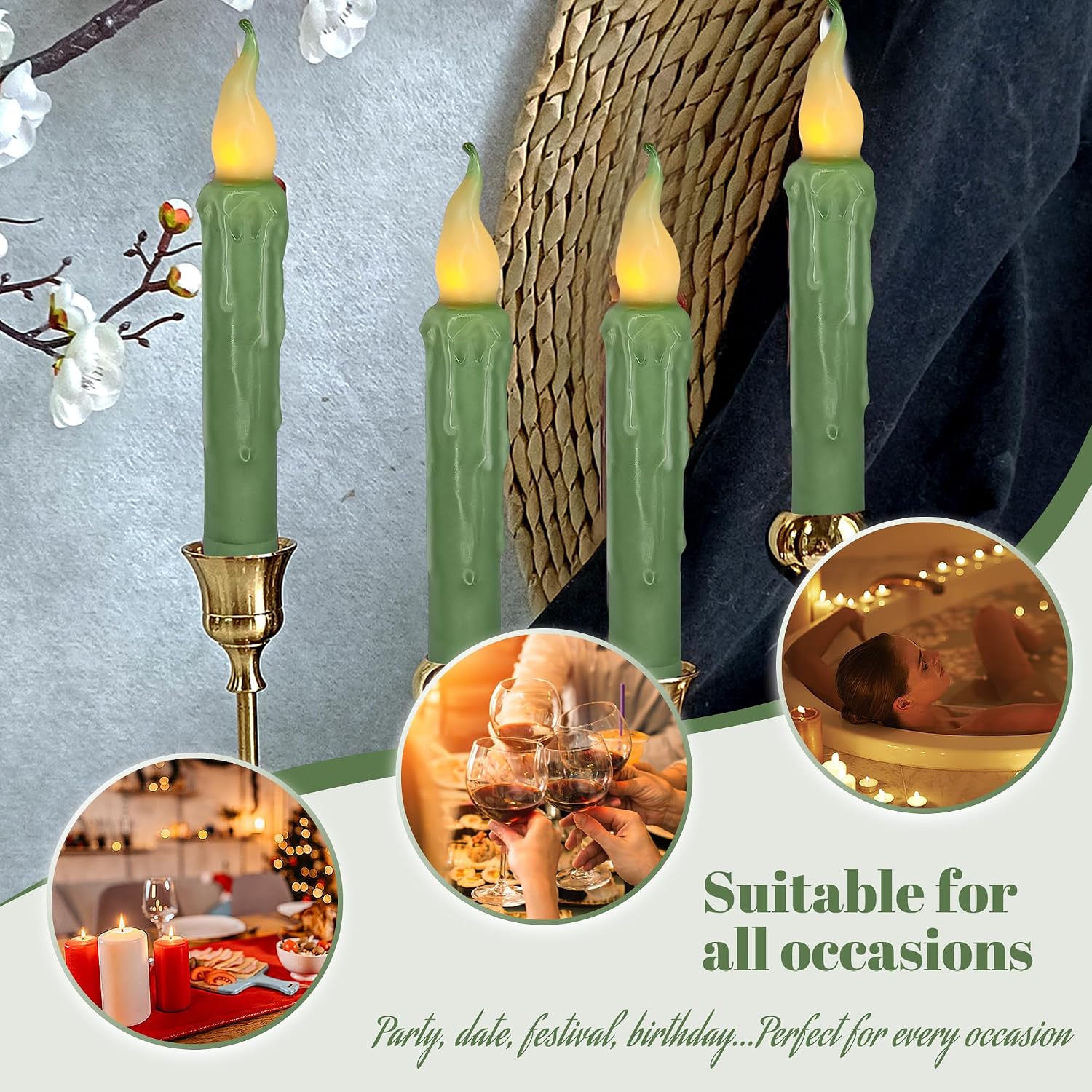 Sage Green Flameless Short Taper Candles, Real Wax Hand Dipped LED Battery Operated with Remote, Flickering Flame
