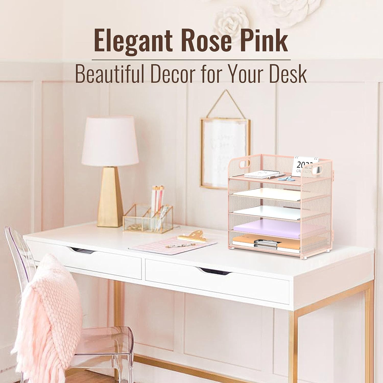 2 Pack 5-Tier Pink Desk Organizer with Handle Mesh Desk File/Paper Organizer Letter Tray for Office, School, Classroom