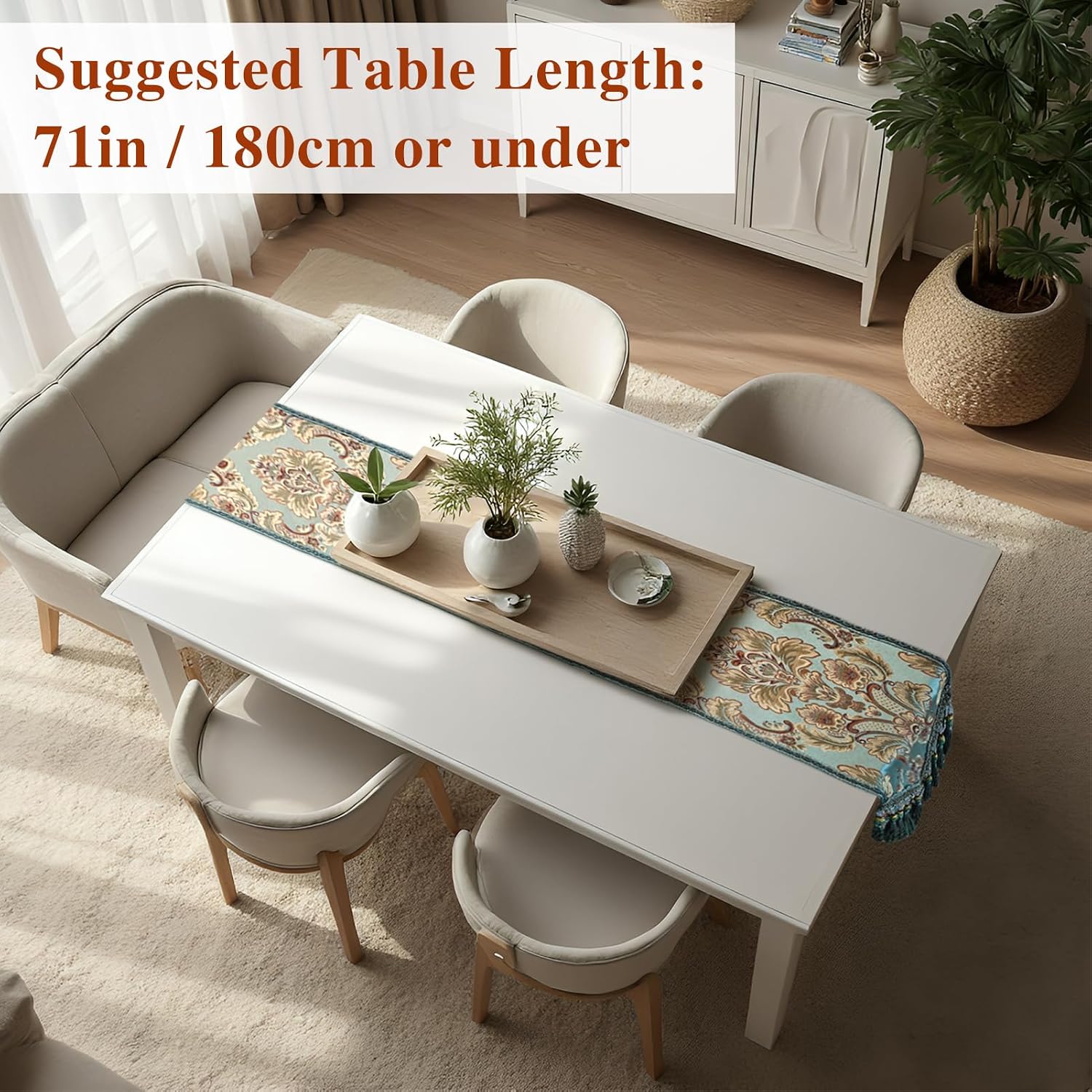 kilofly Elegant Floral Brocade Jacquard Table Runner Tassels (96 x 12 inches)