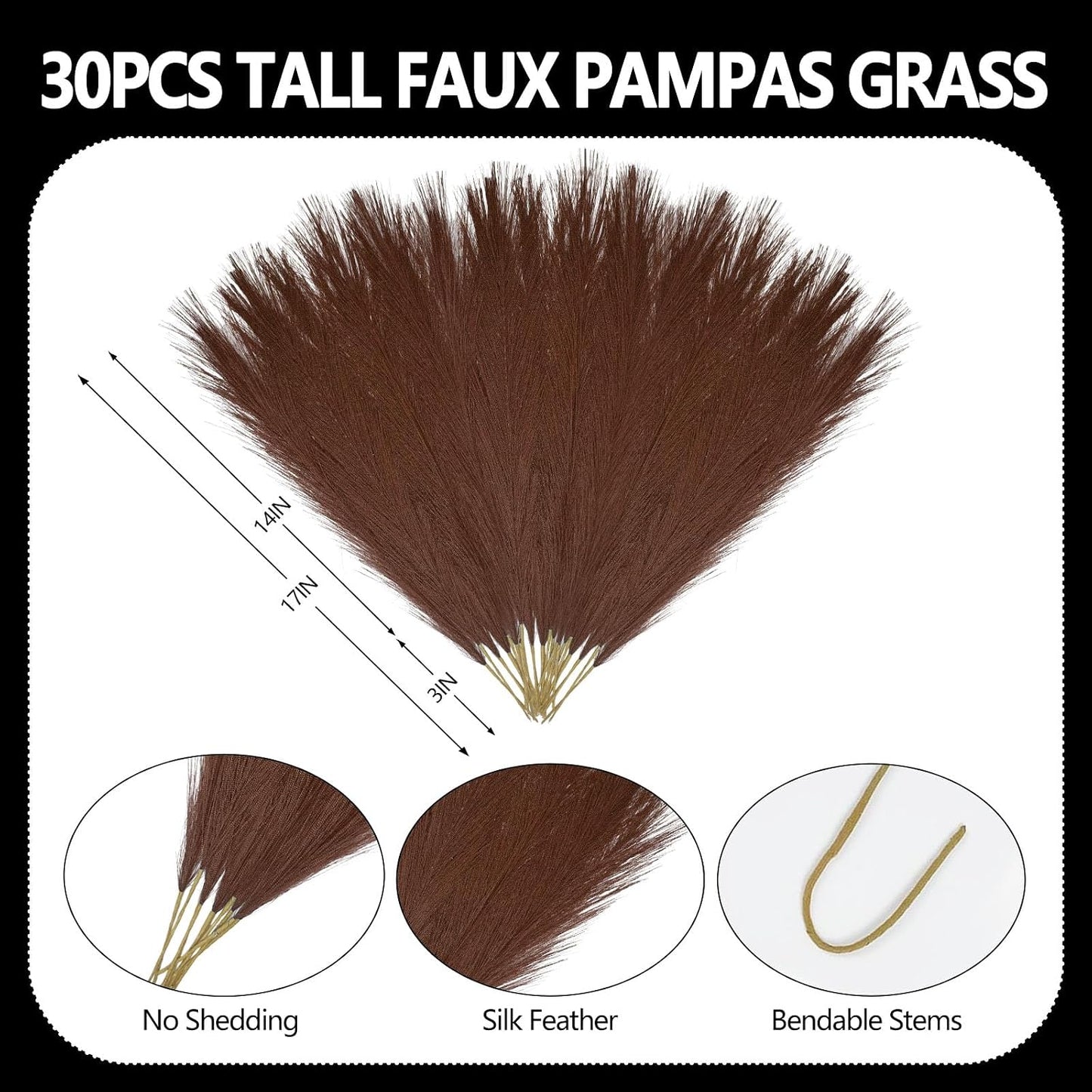 Short Fluffy Faux Pompas for Vase Filler / Brown / 17 Inch / Set of 30