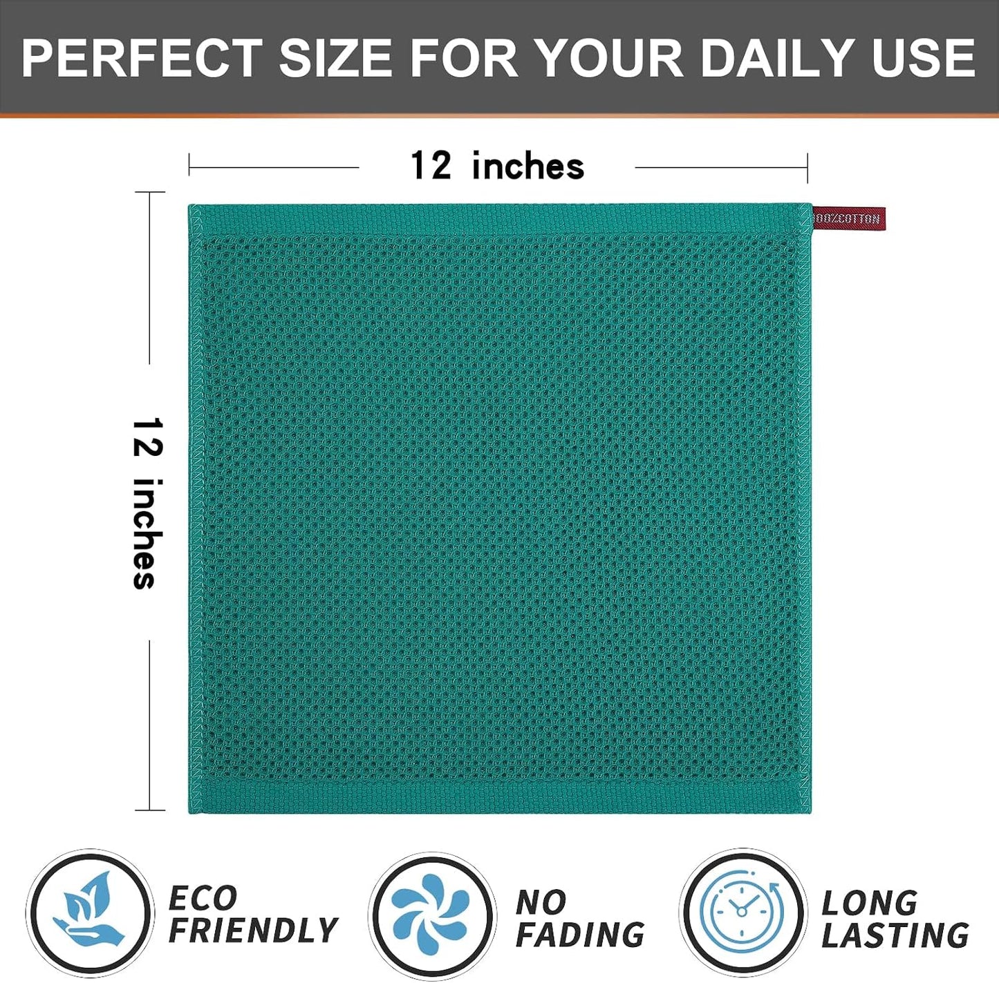 Kitinjoy 100% Cotton Waffle 12-Pack Kitchen Towels, 12" x 12", Teal | Ultra Absorbent, Super Soft, lightweight, Quick