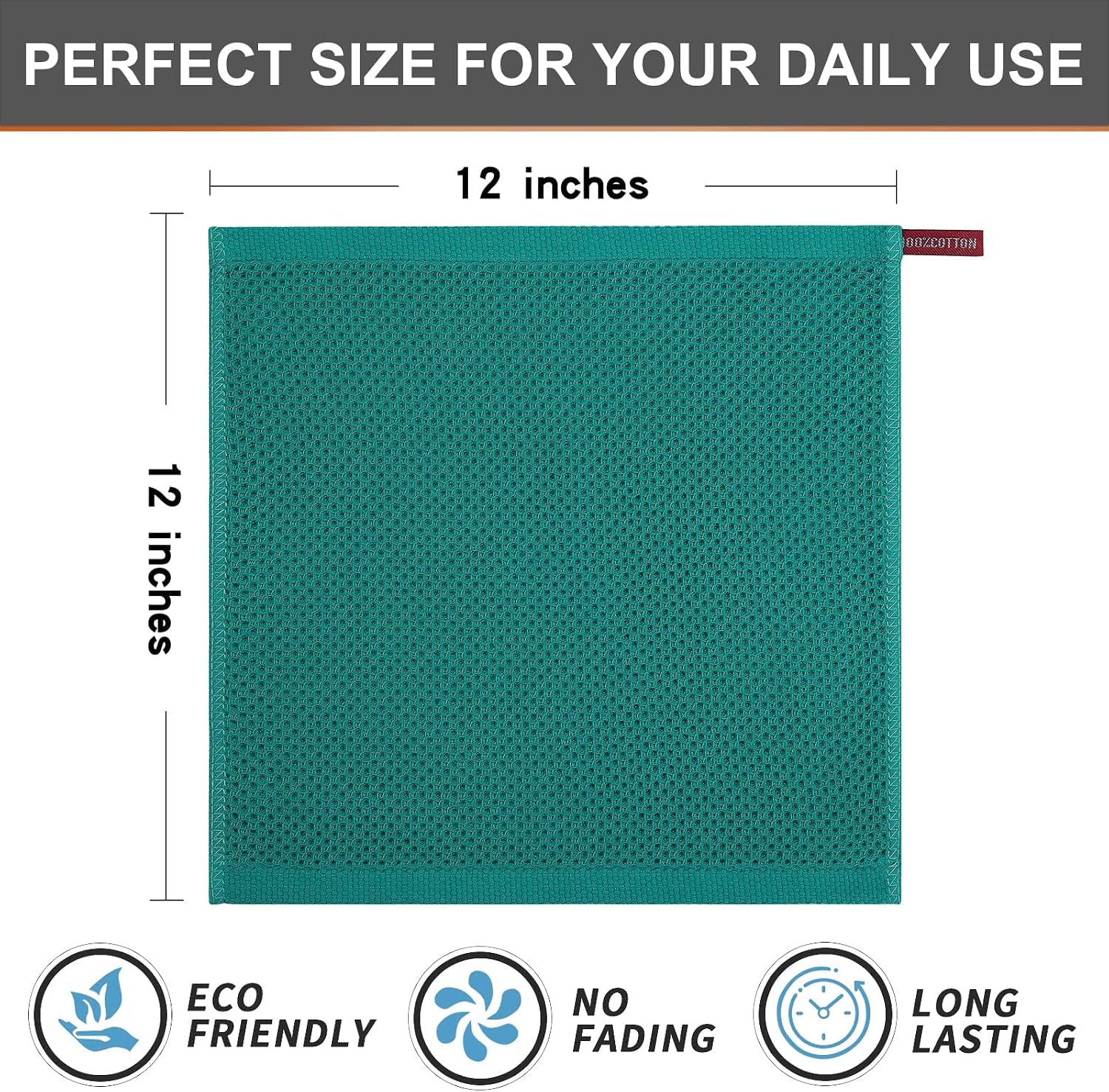 Kitinjoy 100% Cotton Waffle 12-Pack Kitchen Towels, 12" x 12", Teal | Ultra Absorbent, Super Soft, lightweight, Quick