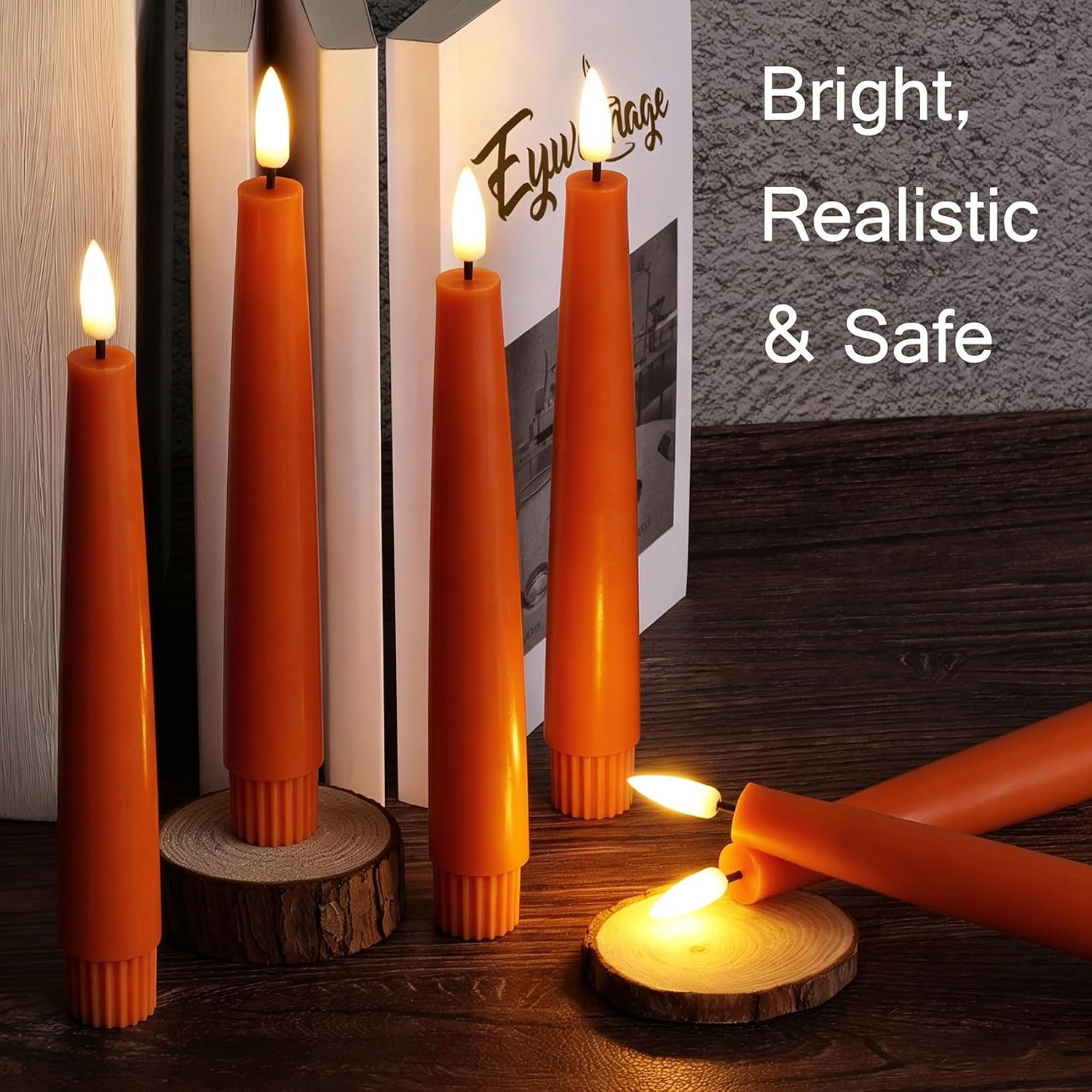 Short Burnt Orange Fall LED Taper Candles with Remote Set of 6 | Flickering Halloween LED Candlesticks, Real Wax