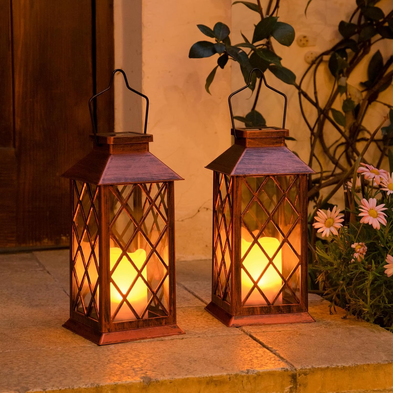 2Pack 10" Solar Outdoor Lanterns Waterproof Garden Gifts Women, Halloween Flickering Flameless Candle Mission Lights