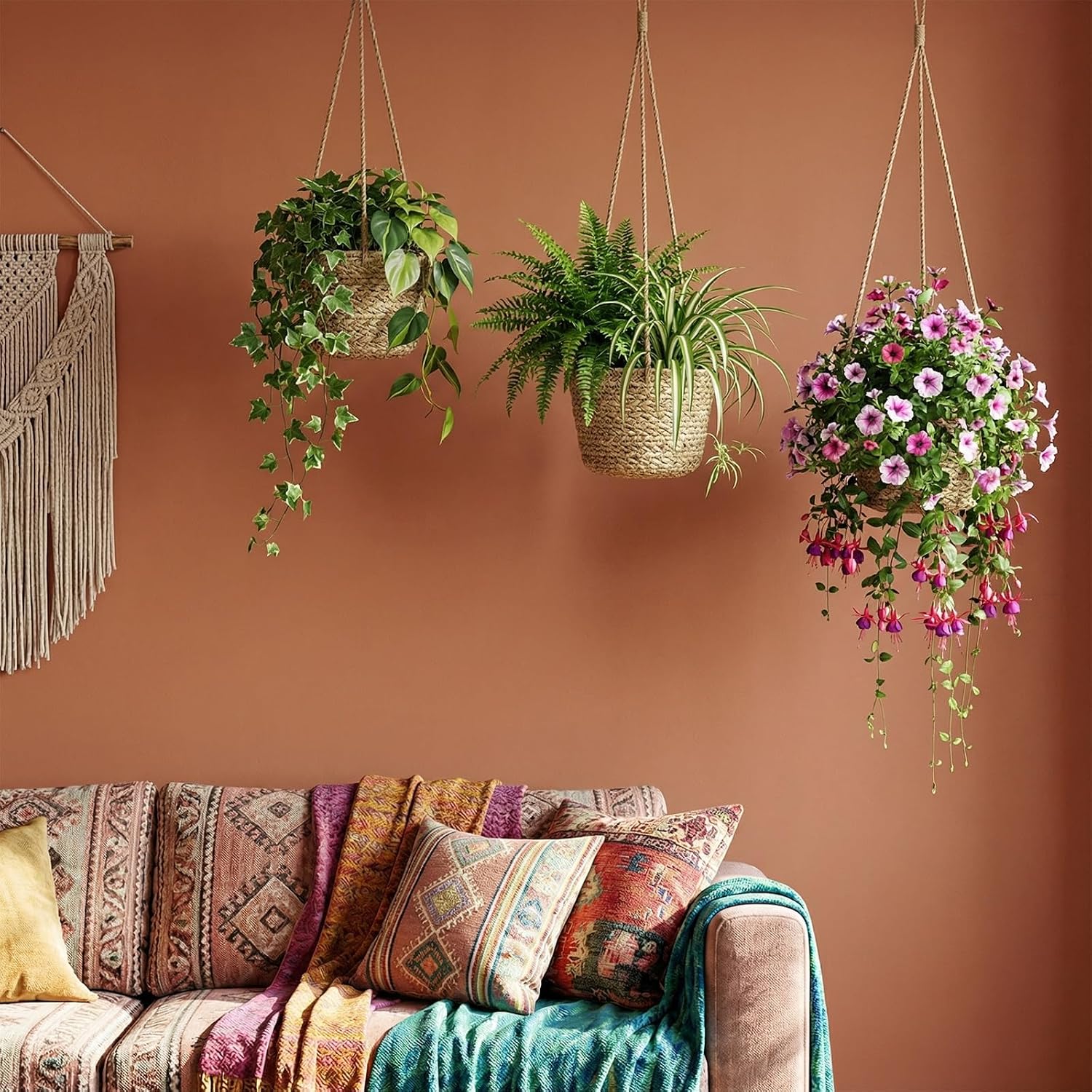 Seagrass Hanging Planter Basket Hand Woven Plant Basket / Brown / Small / Set of 6