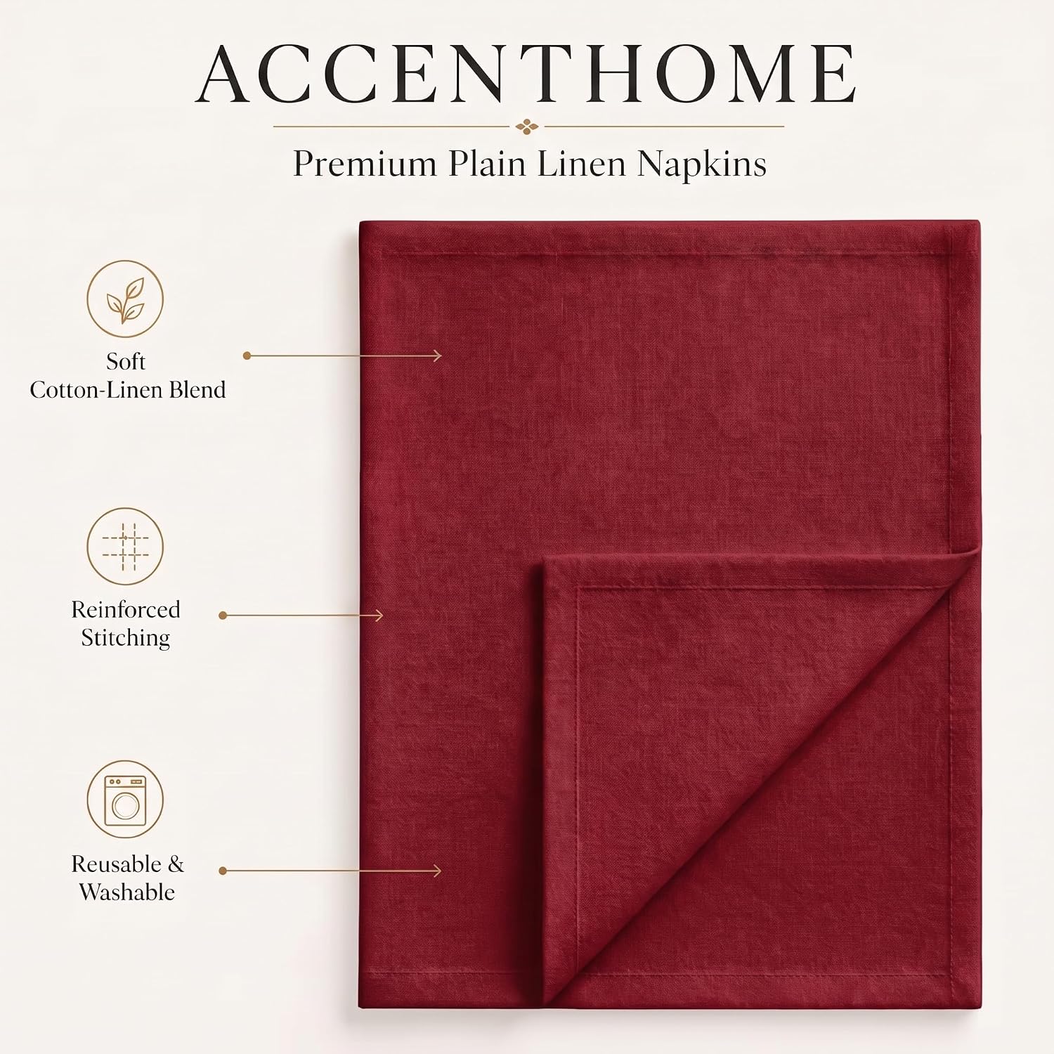 ACCENTHOME Red Cotton Linen Napkin Set of 12 18x18 inch Dinner Napkins | Cotton Linen Blend Napkins, Machine Wash On